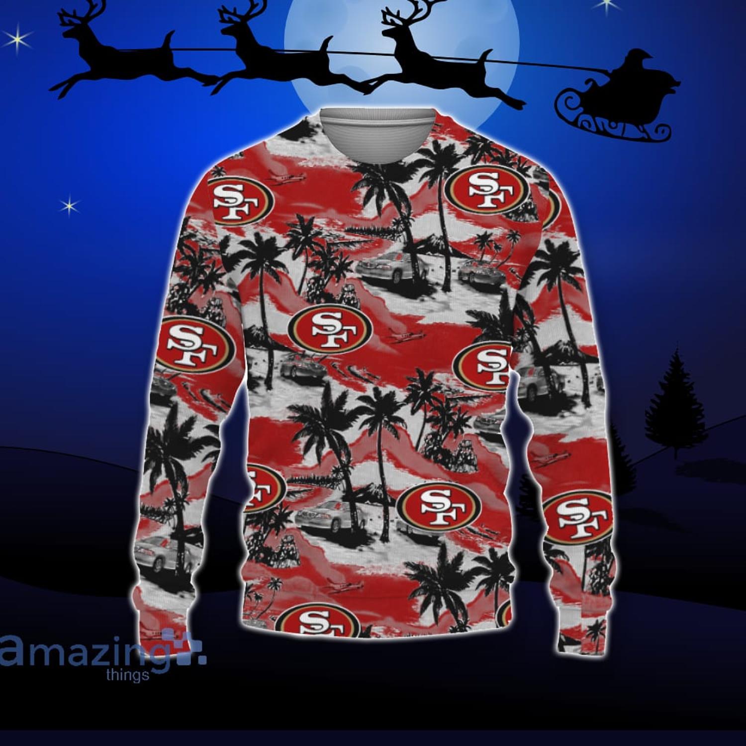 San Francisco 49ers Car And Coconut Tropical Patterns Ugly Christmas Sweater For Fans Product Photo 1