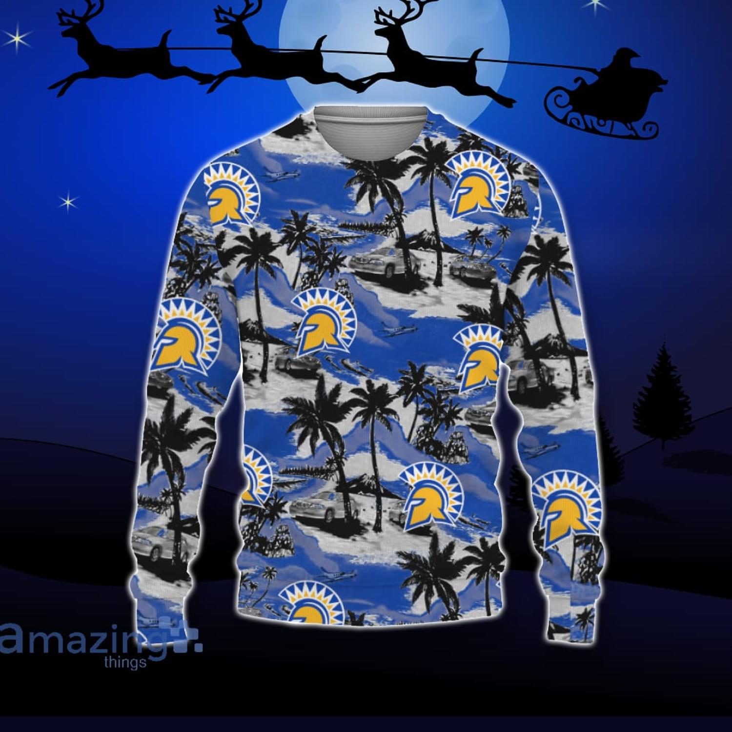 San Jose State Spartans Car And Coconut Tropical Patterns Ugly Christmas Sweater For Fans Product Photo 1