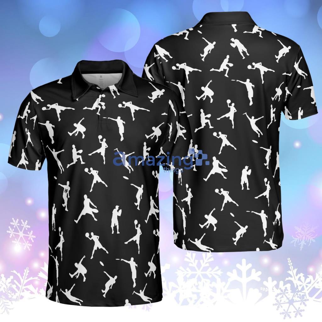 Silhouette Playing Disc Golf Polo Shirt Black And White Disc Golfer Pattern Polo Shirt Disc Golf Shirt For Men Product Photo 1