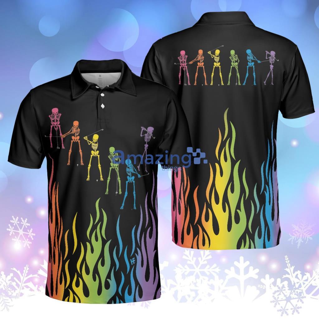 Skeleton Playing Golf Polo Shirt Rainbow Pallette Fire Golfing Polo Shirt Cool Golf Shirt For Men Product Photo 1