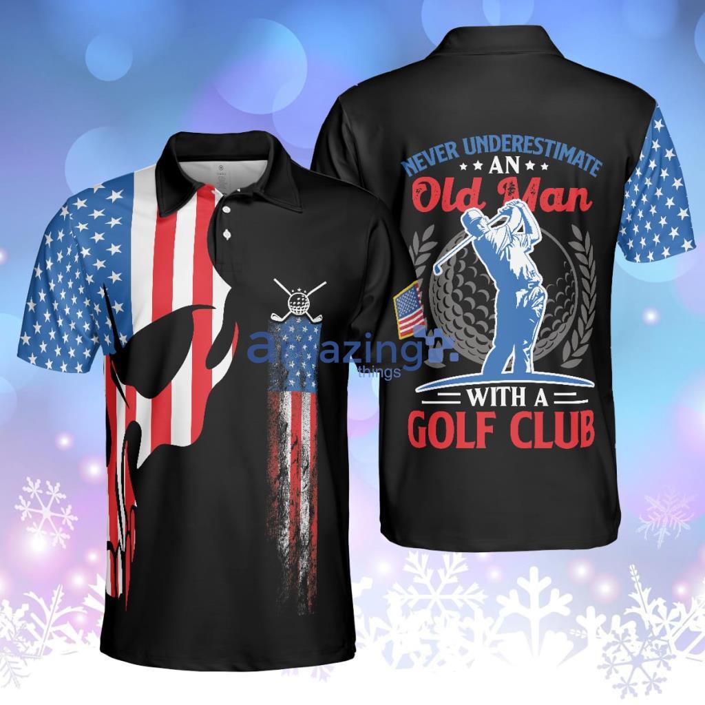 Skull Golf With American Flag Polo Shirt Never Underate An Old Man Golfer Polo Shirt Best Golf Shirt For Men Product Photo 1