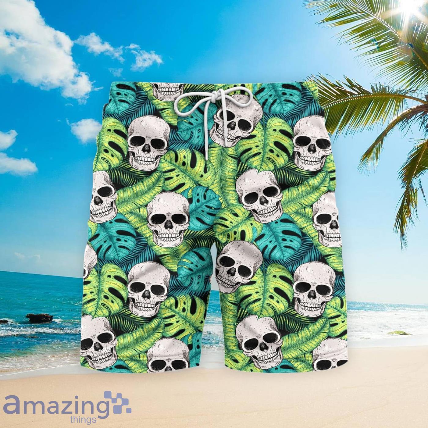 Skull On Palm Leaves Beach Short For Men Best Gift For Summer Product Photo 1