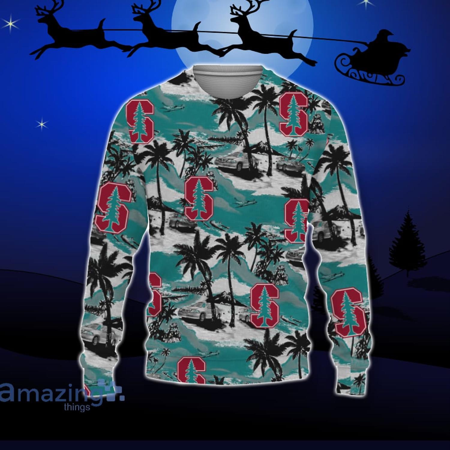 Stanford Cardinal Car And Coconut Tropical Patterns Ugly Christmas Sweater For Fans Product Photo 1