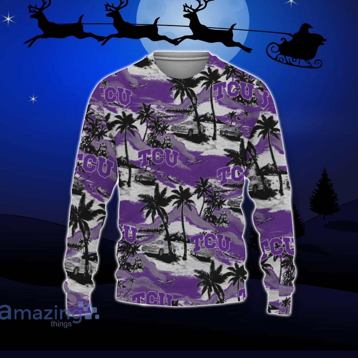 TCU Horned Frogs Car And Coconut Tropical Patterns Ugly Christmas Sweater For Fans Product Photo 1