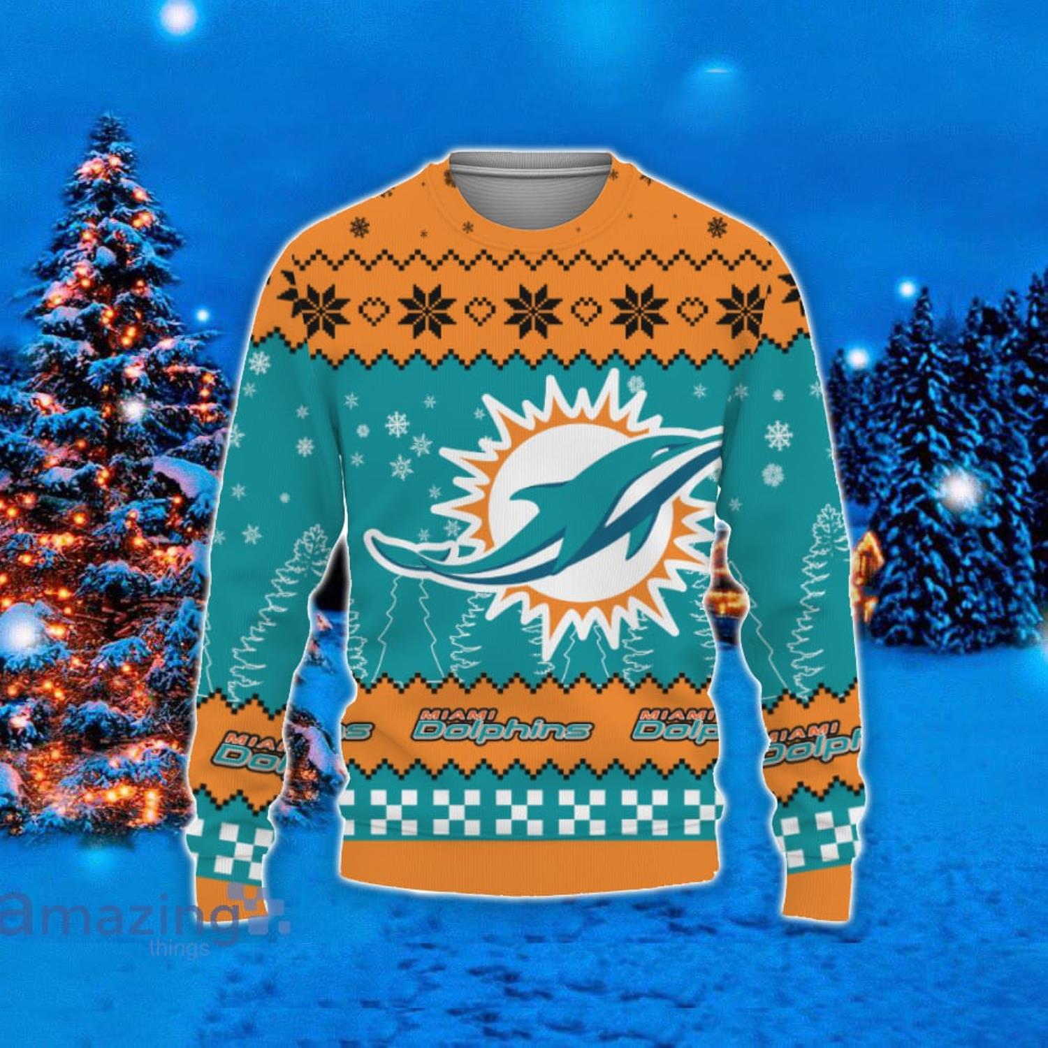 Team Logo Snowflake Pattern Miami Dolphins Ugly Christmas Sweater For Fans