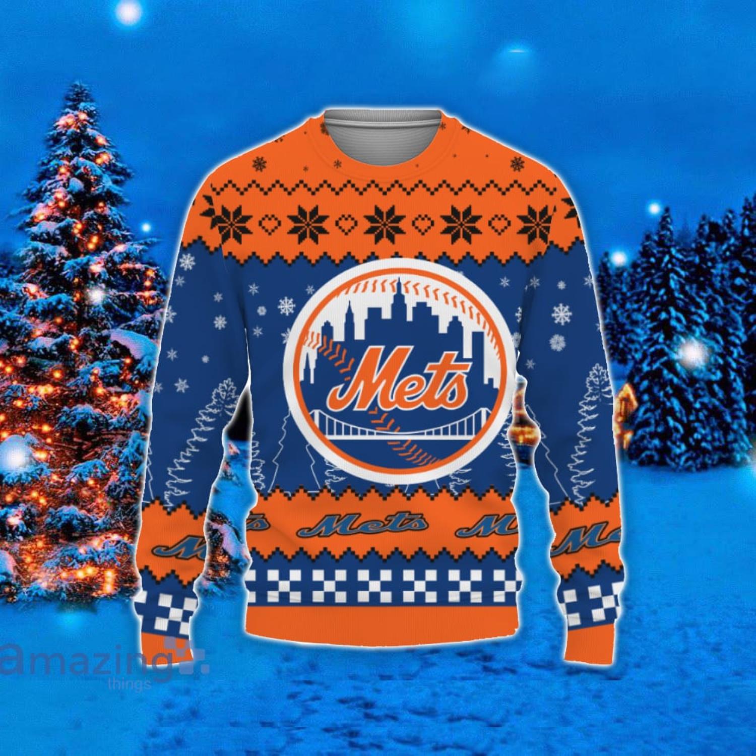 Team Logo Snowflake Pattern New York Mets Ugly Christmas Sweater For Fans Product Photo 1