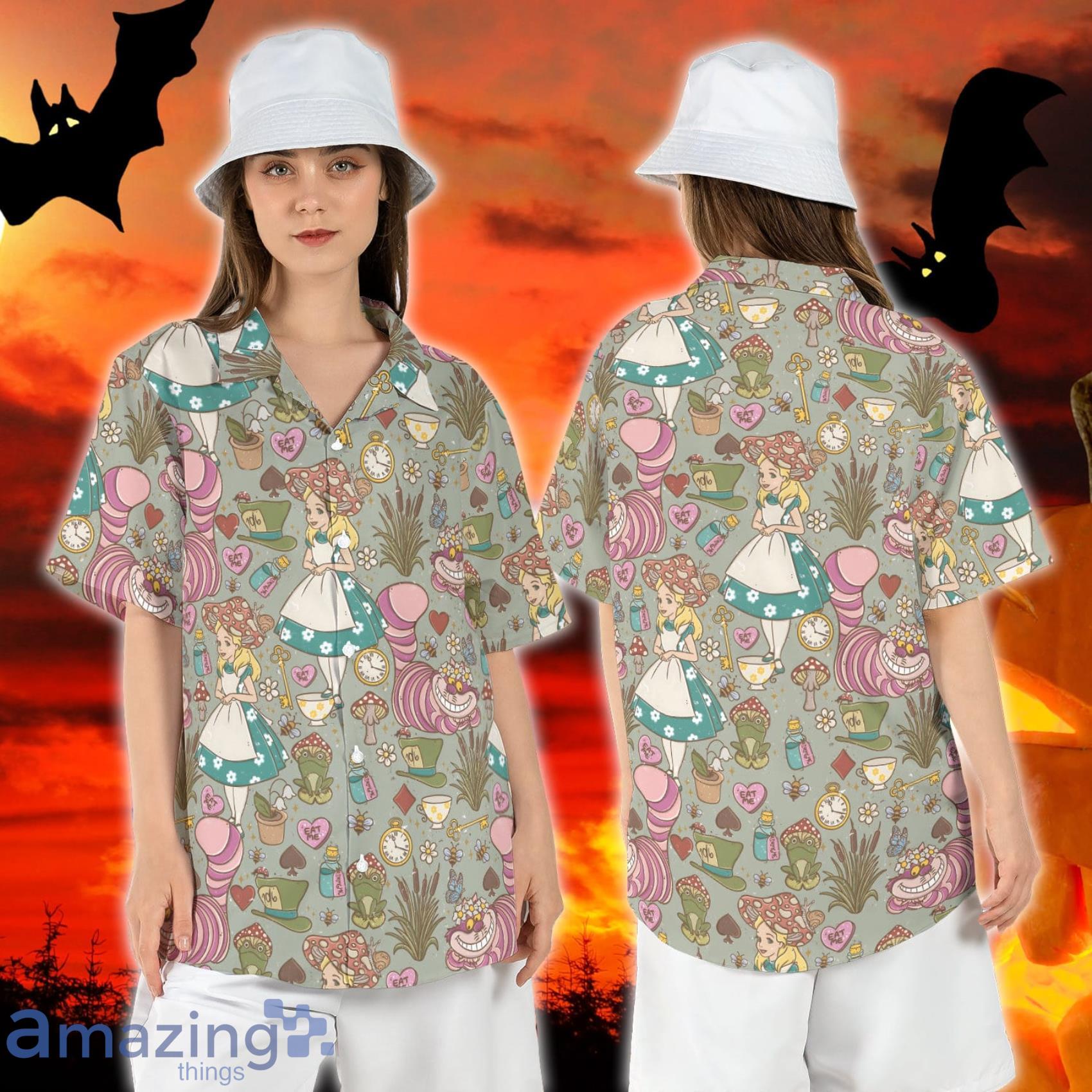 Alice in Wonderland Cheshire Cat Disneyland Vacation Hawaiian Shirt For Men And Women Wildflower Mushrooms Short Sleeve Shirt Product Photo 1