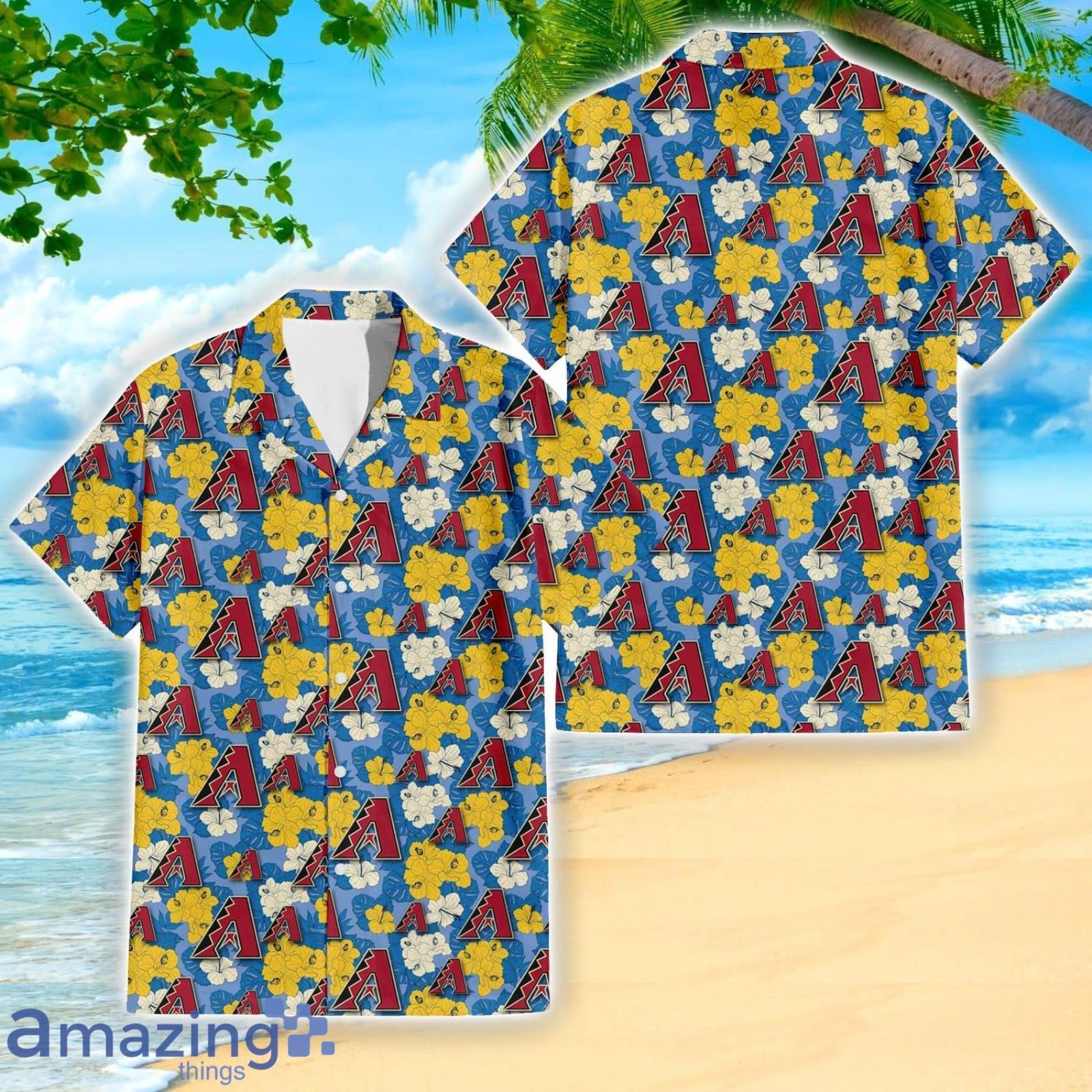 Arizona Diamondbacks Yellow White Hibiscus Powder Blue Pattern 3D Hawaiian Shirt Beach Gift image Arizona Diamondbacks Yellow White Hibiscus Powder Blue Pattern 3D Hawaiian Shirt Beach Gift Product Photo 2