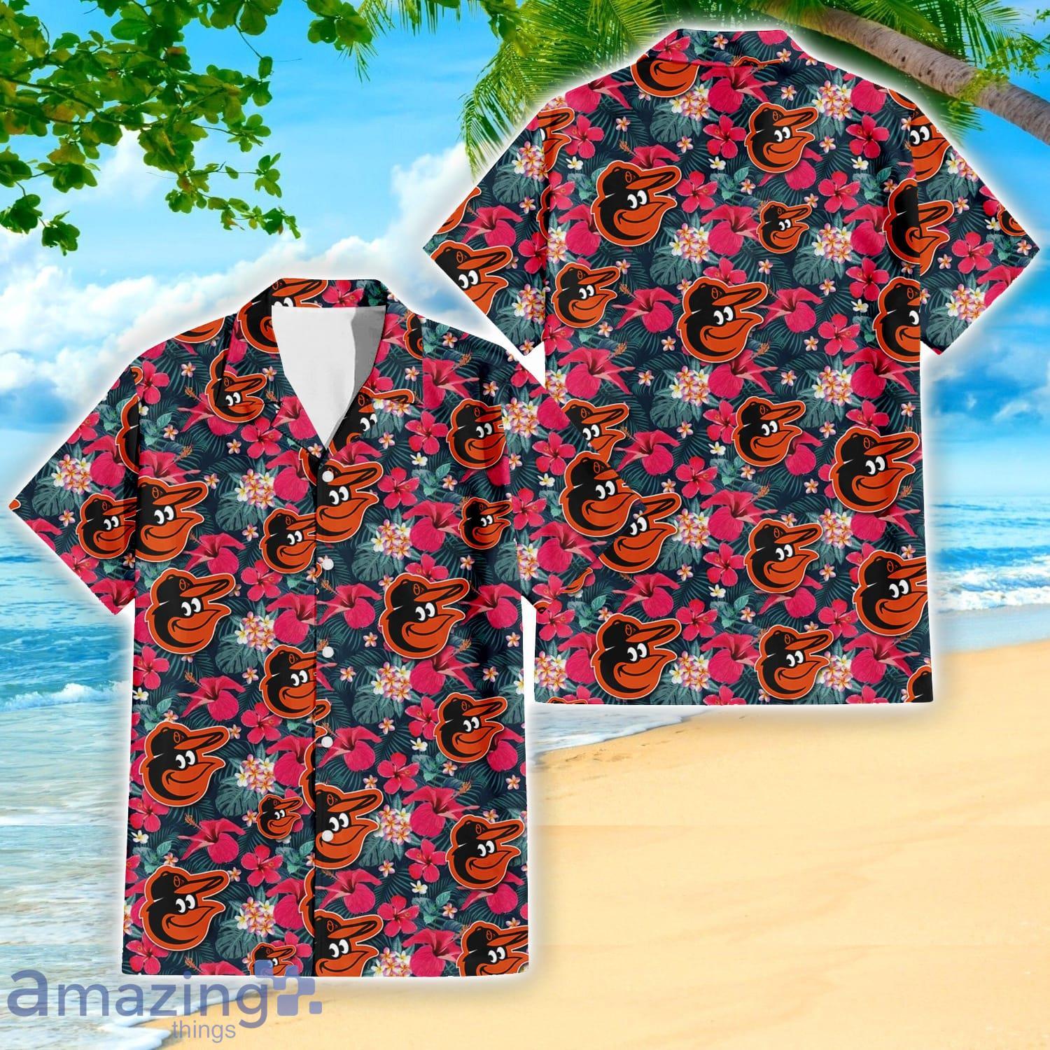 Baltimore Orioles Logo And Red Pink White Hibiscus 3D Hawaiian Shirt For  Fans