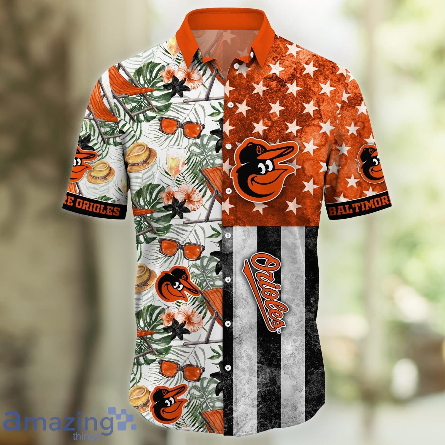Baltimore Orioles Hibiscus Flower American Flag Pattern Black Hawaiian Shirt  - Limotees