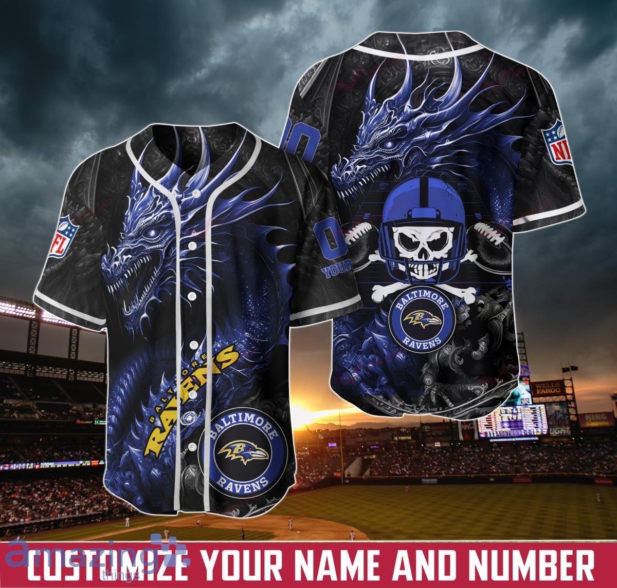 NFL Baltimore Ravens Custom Name And Number Ball Fire Baseball Jersey Shirt  - Beuteeshop