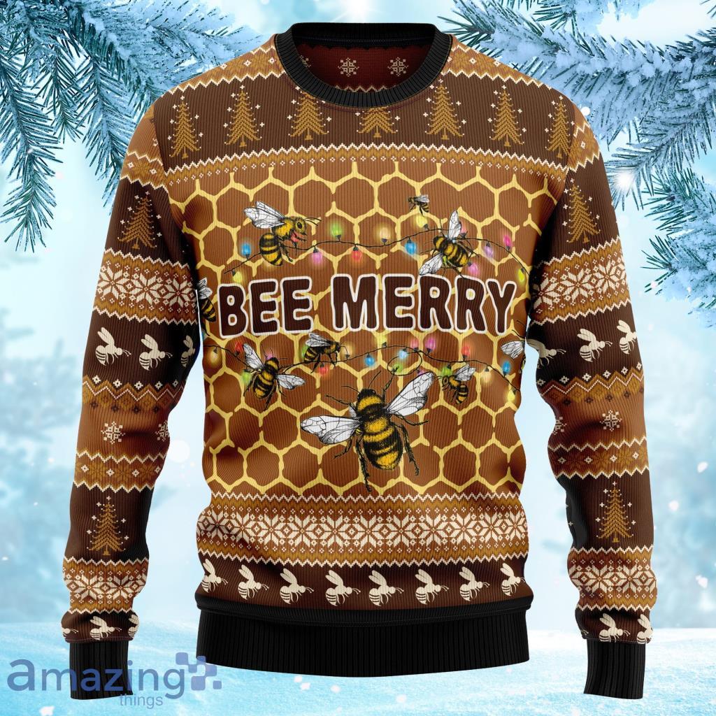 Bee Merry Xmas Jumper Holiday Pullover Ugly Christmas Sweater 3D Product Photo 1