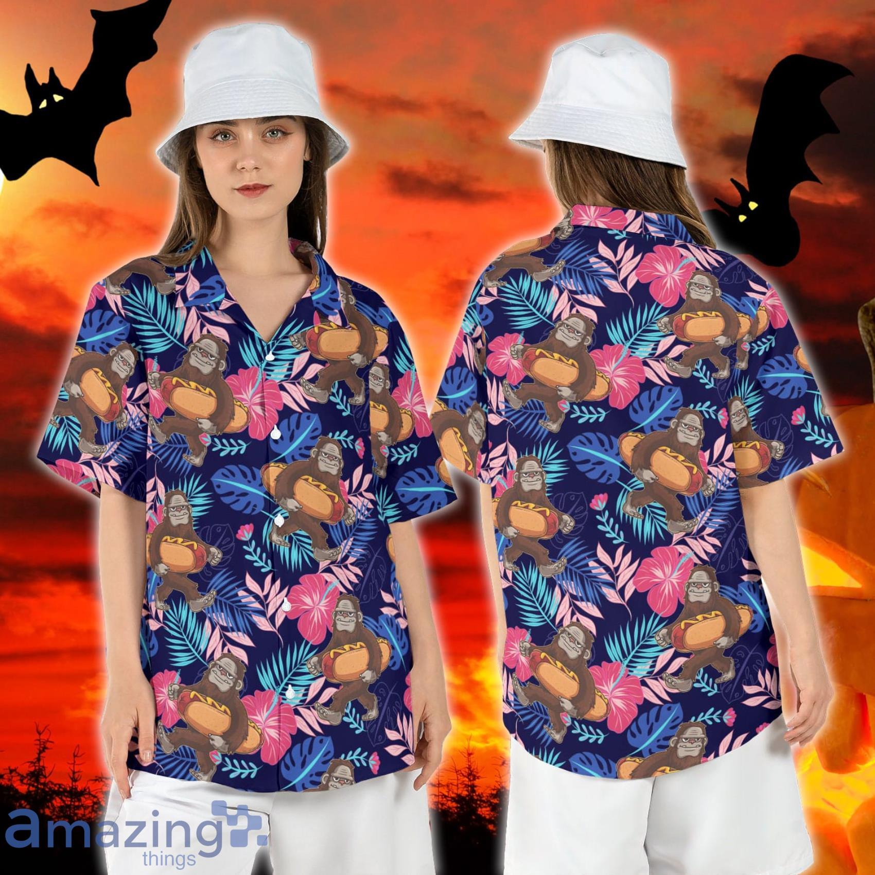 Bigfoot Hotdog Funny Sasquatch Summer Bigfoot Vacation Hawaiian Shirt For Men And Women Yeti Tropical Leaves Short Sleeve Shirt Product Photo 1