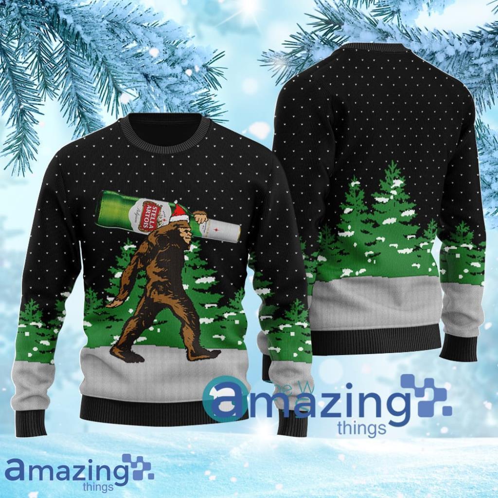 Bigfoot Stella Artois Beer Ugly Christmas Sweater 3D Black Product Photo 1