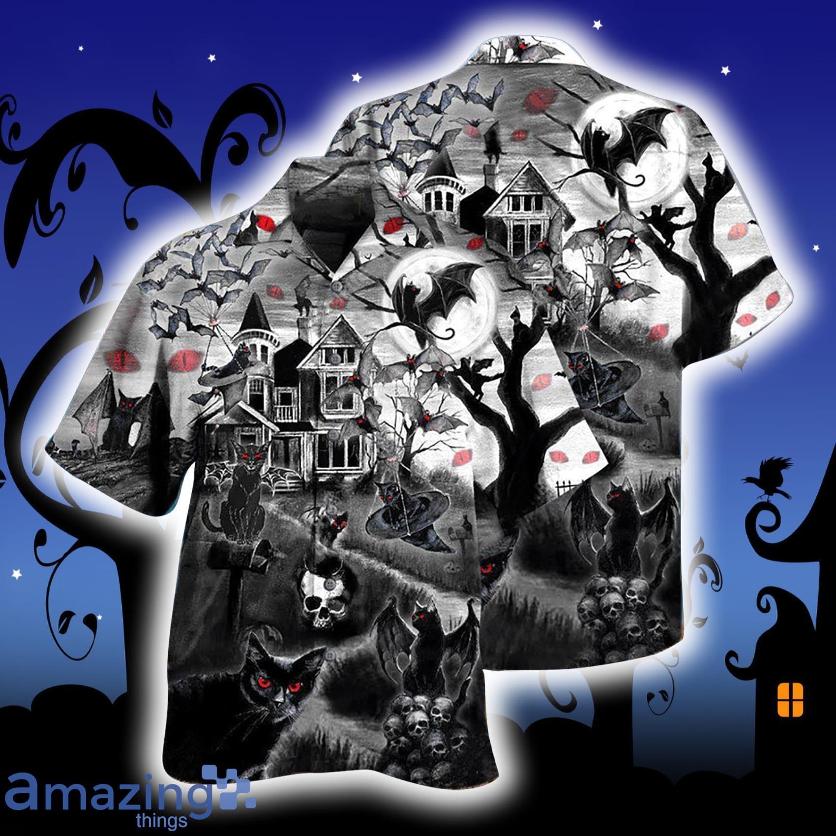 Black Cat Halloween Dark Night Short Sleeve Hawaiian Shirt Product Photo 1
