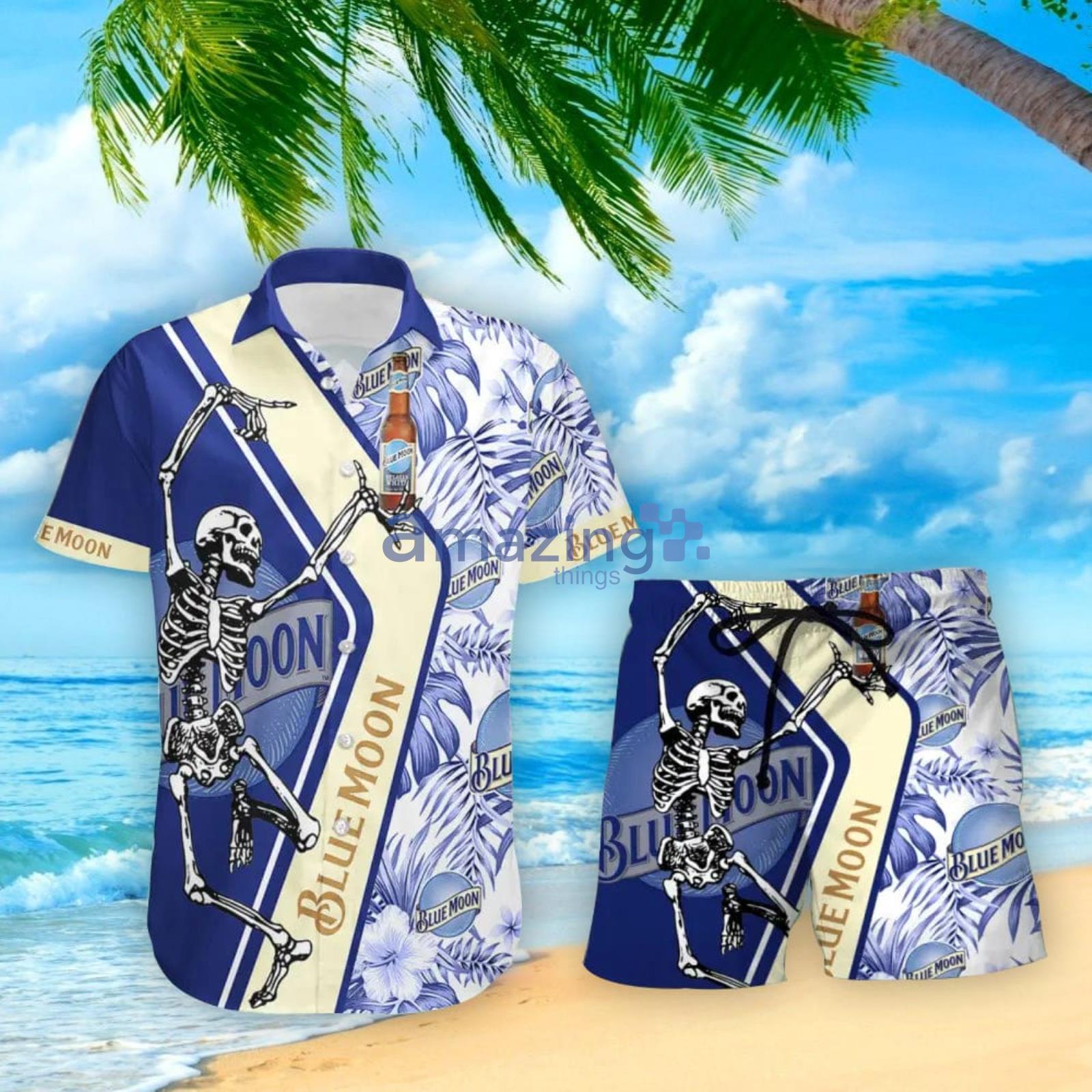 Blue Moon Beer Skeleton Dancing Happy Hawaiian Shirt And Shorts Halloween Gift Summer Gift Product Photo 1