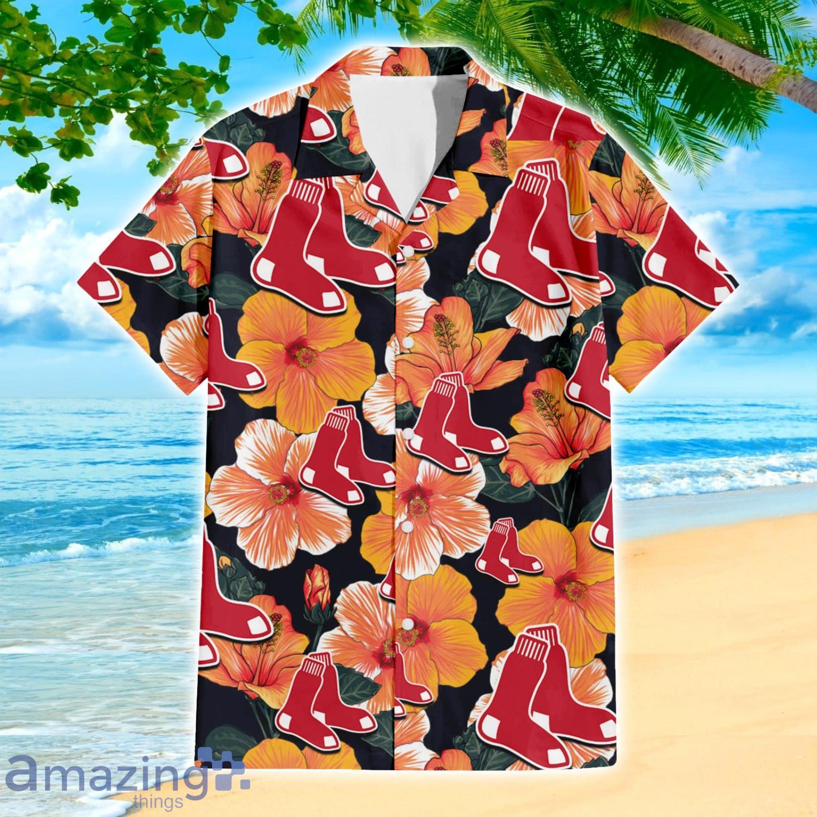 Boston Red Sox Big Logo And Orange Hibiscus Hawaiian Shirt Sport Fans Gift image Boston Red Sox Big Logo And Orange Hibiscus Hawaiian Shirt Sport Fans Gift Product Photo 2