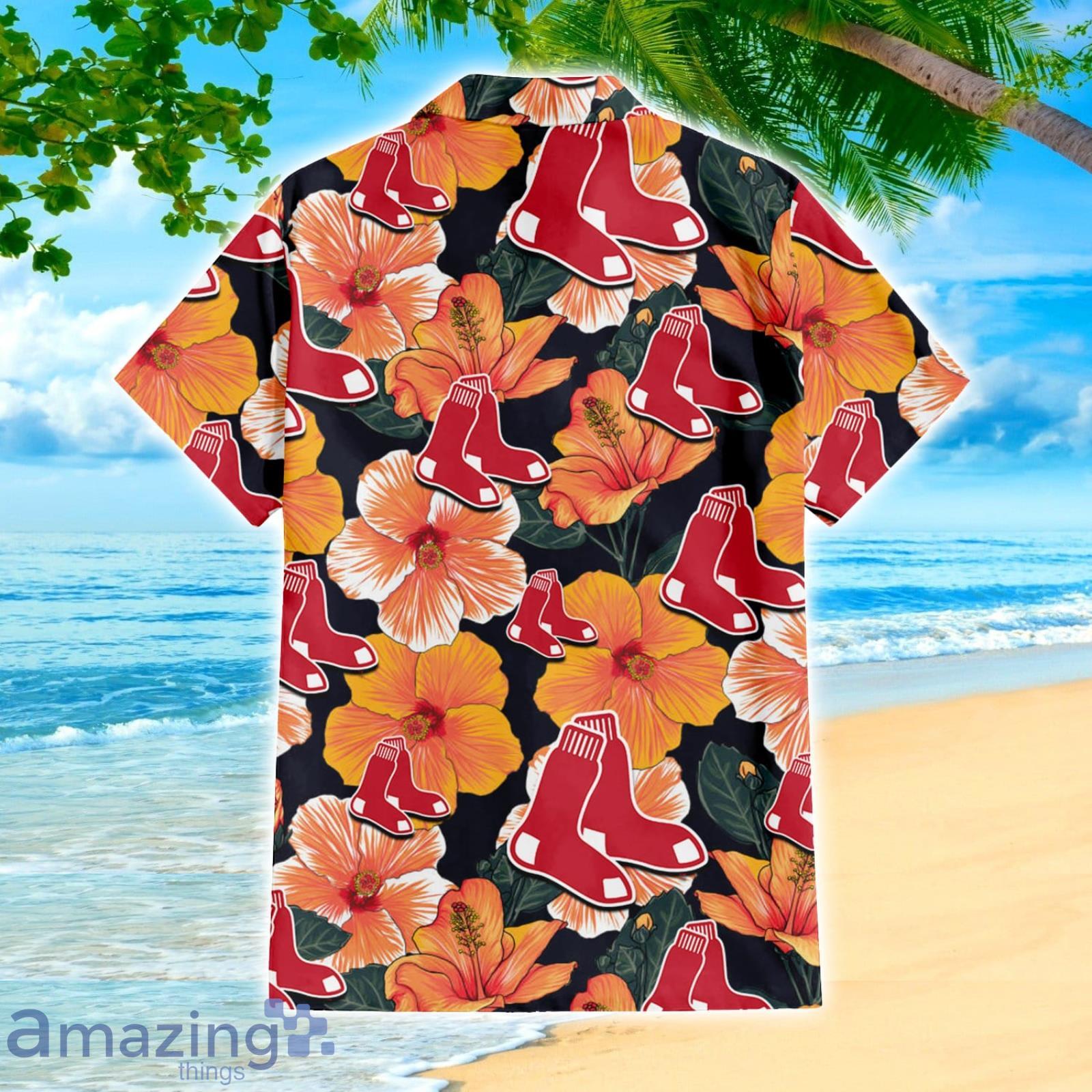 Boston Red Sox Big Logo And Orange Hibiscus Hawaiian Shirt Sport Fans Gift image Boston Red Sox Big Logo And Orange Hibiscus Hawaiian Shirt Sport Fans Gift Product Photo 3