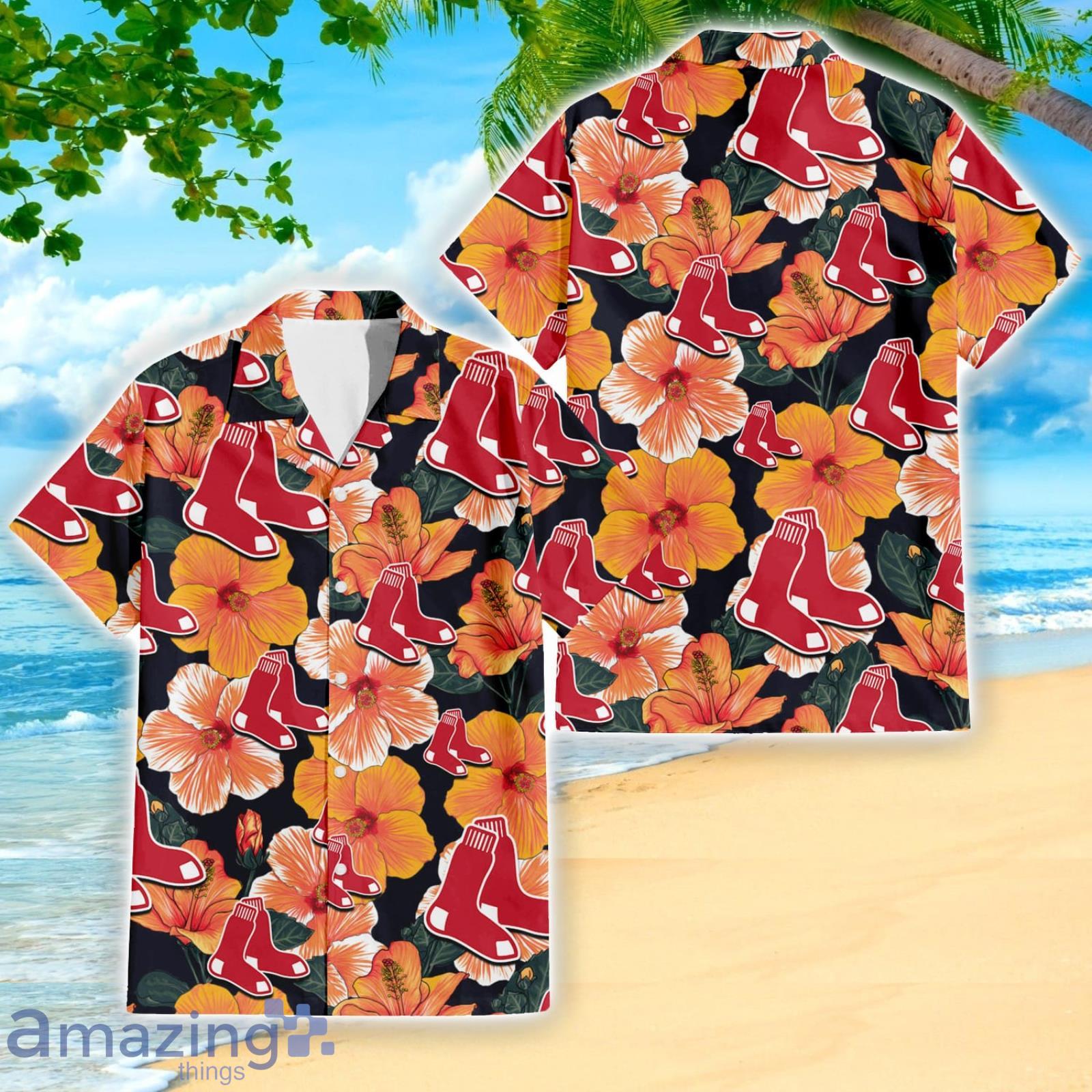 Boston Red Sox Big Logo And Orange Hibiscus Hawaiian Shirt Sport Fans Gift Product Photo 1