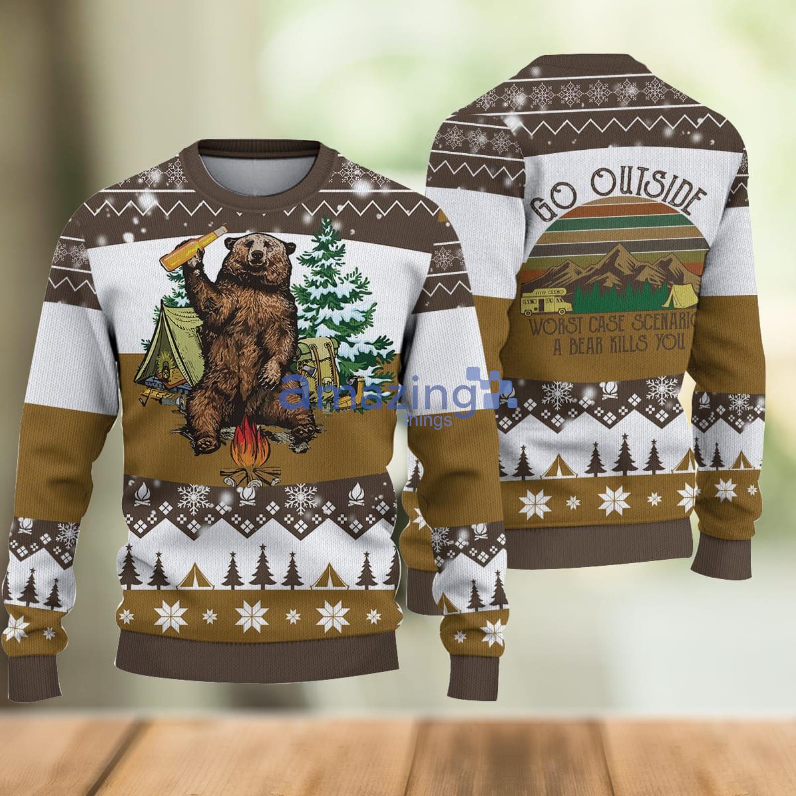 Camping Bear Go Outside Christmas Gift For Holiday A Bear Will Kills You 3D Ugly Christmas Sweater Product Photo 1
