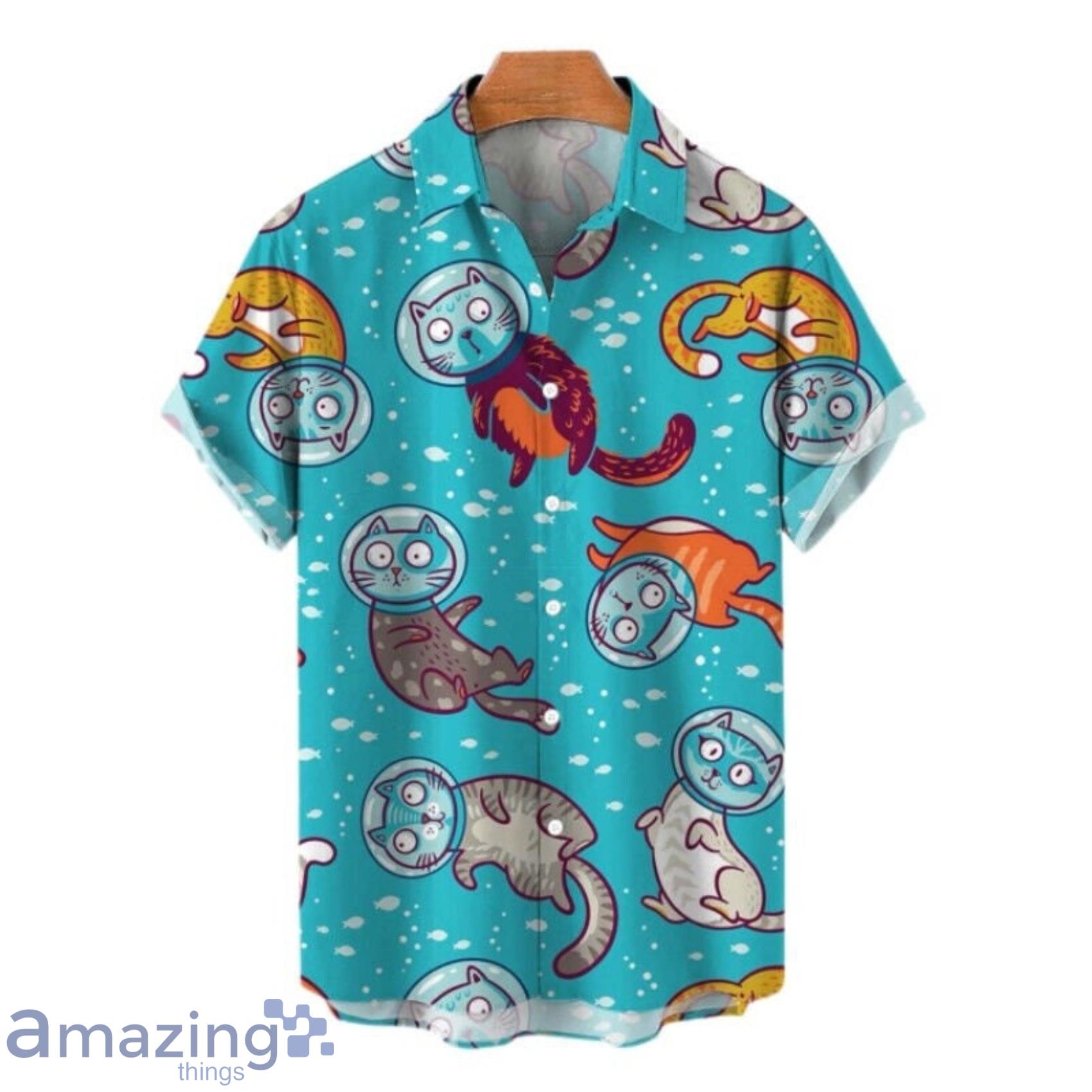 Cats Print Lovely Blue Short Sleeve Hawaiian Shirt Product Photo 1
