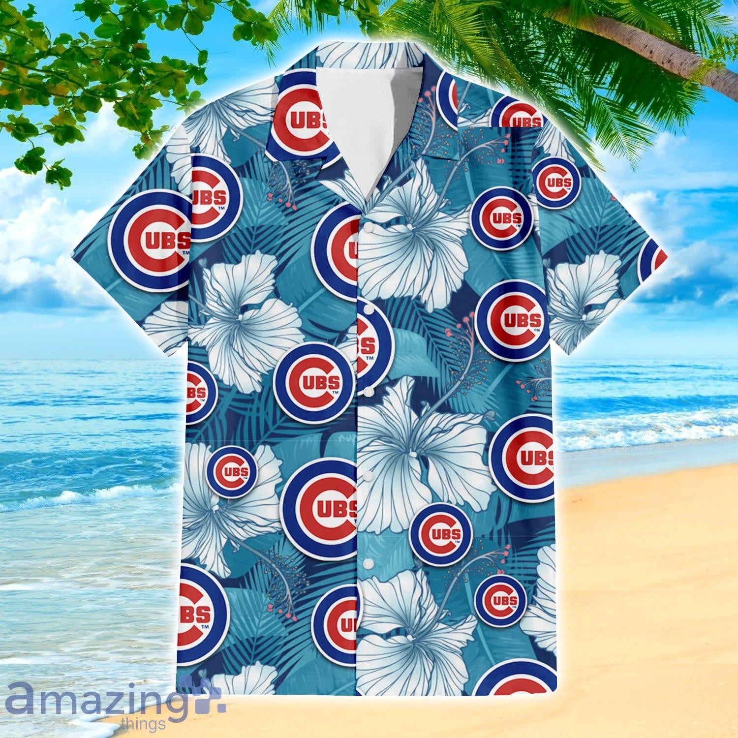 Chicago Cubs Light Blue Hibiscus Banana Leaf Navy Background 3D