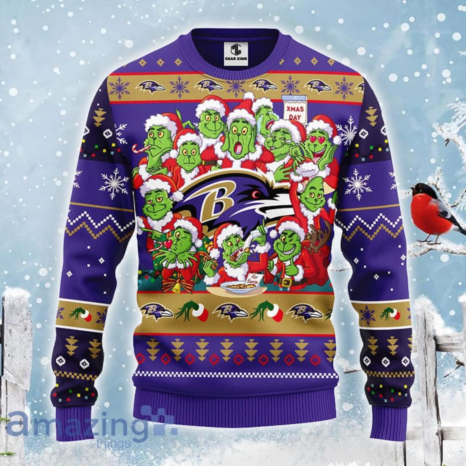 Christmas Gift NFL Baltimore Ravens Cute 12 Grinch Face Xmas Day Ugly  Christmas Sweater