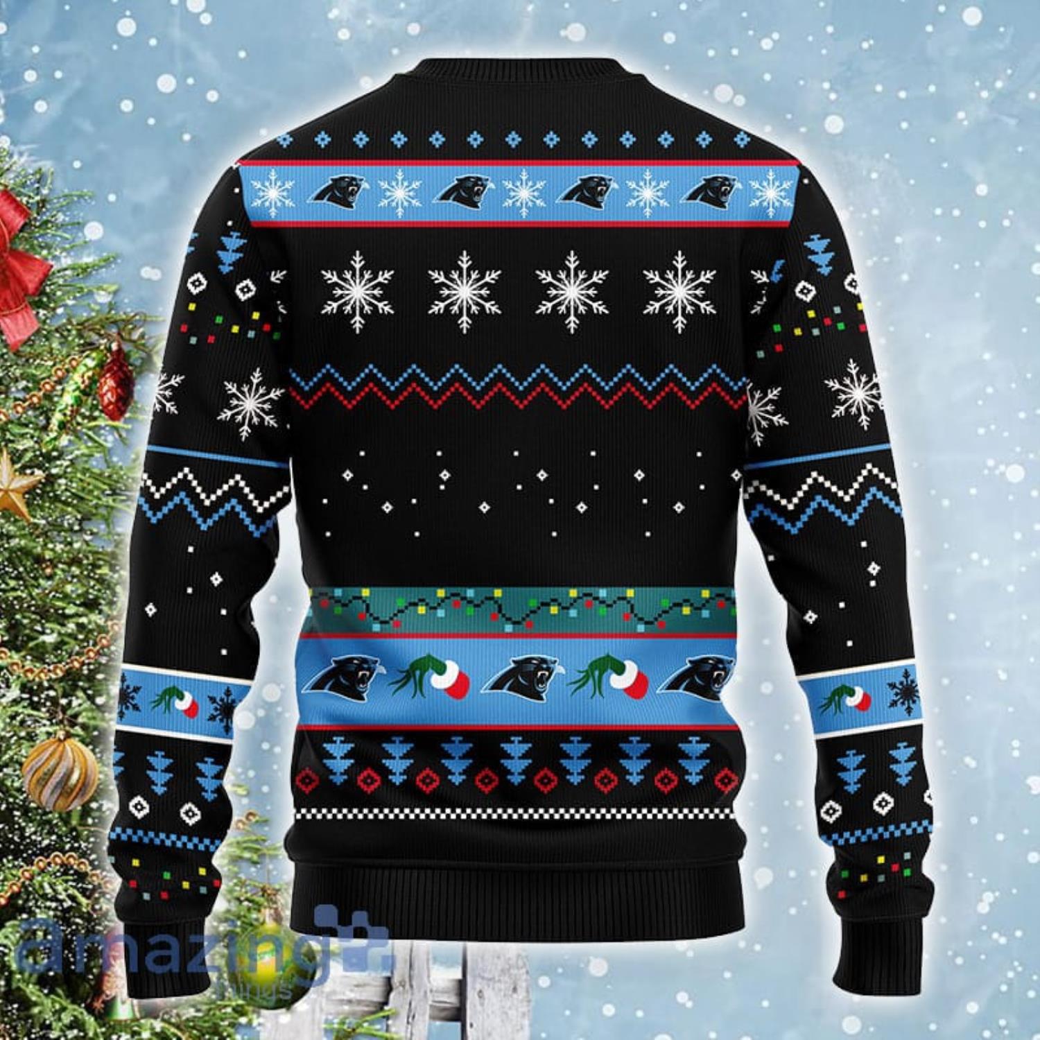 Christmas Gift NFL Carolina Panthers Cute 12 Grinch Face Xmas Day Ugly Christmas Sweater image Christmas Gift NFL Carolina Panthers Cute 12 Grinch Face Xmas Day Ugly Christmas Sweater Product Photo 2