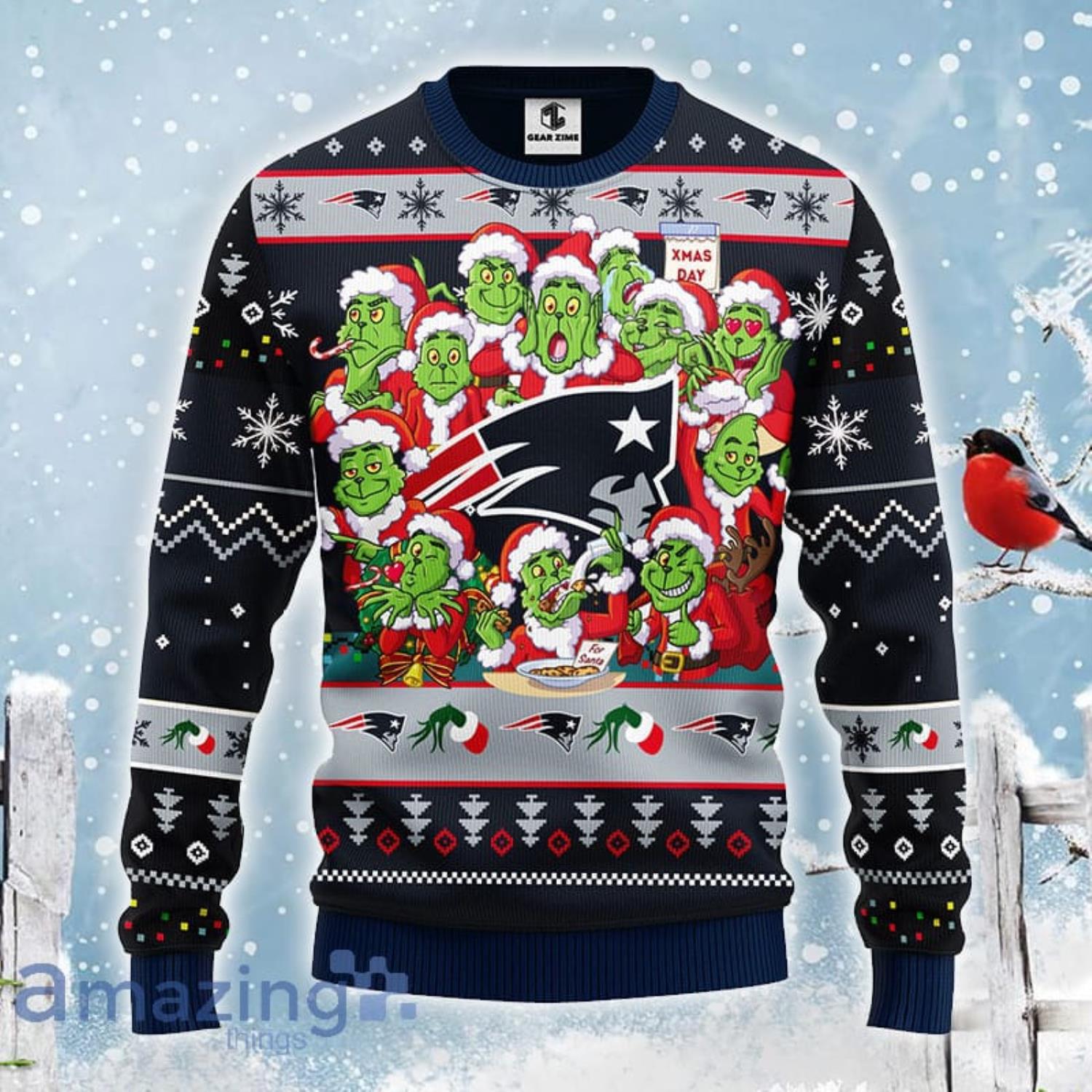 Christmas Gift NFL New England Patriots Cute 12 Grinch Face Xmas Day Ugly  Christmas Sweater