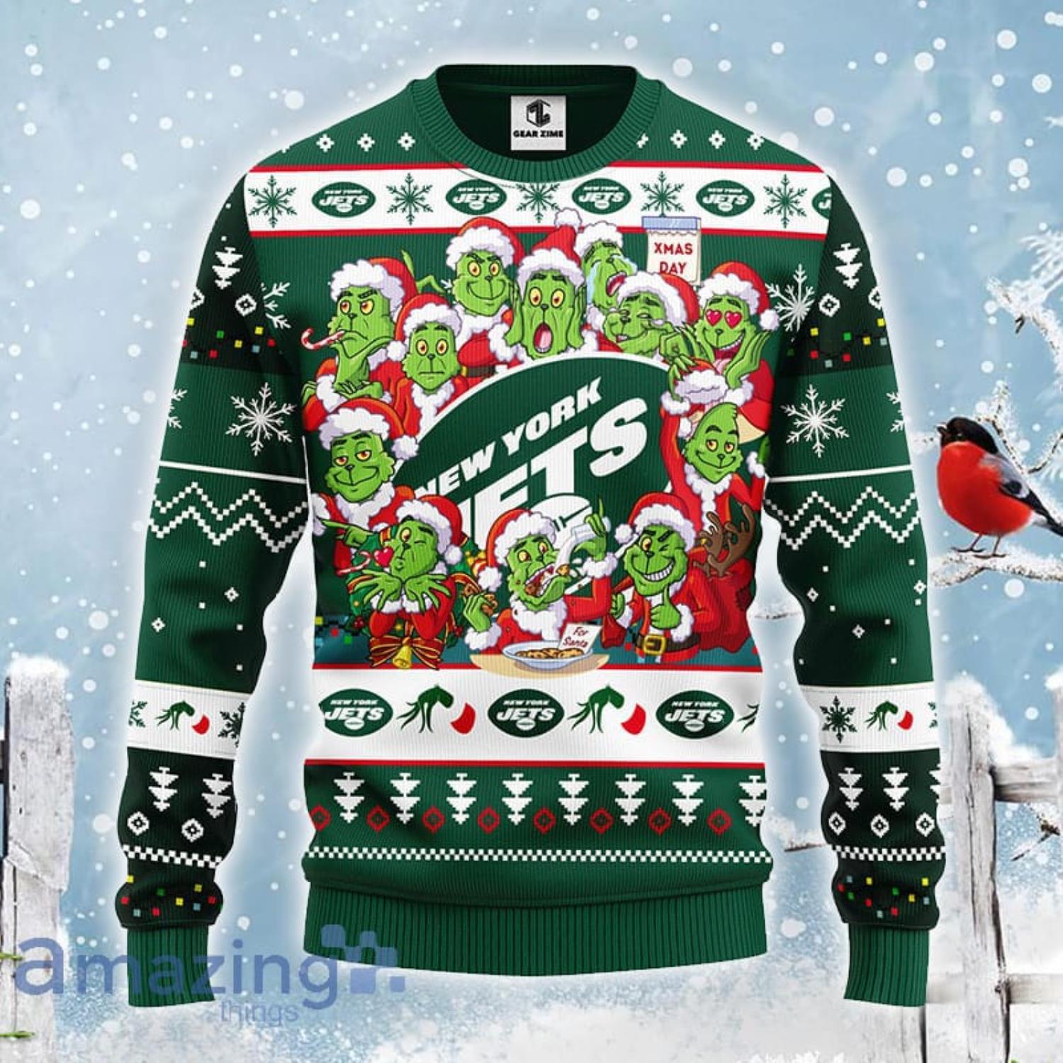 Christmas Gift NFL New York Jets Cute 12 Grinch Face Xmas Day Ugly  Christmas Sweater