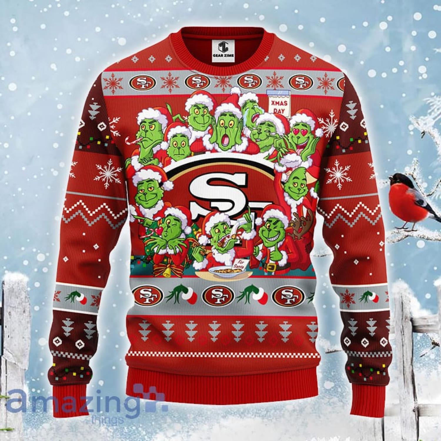 Christmas Gift NFL San Francisco 49ers Cute 12 Grinch Face Xmas Day Ugly  Christmas Sweater