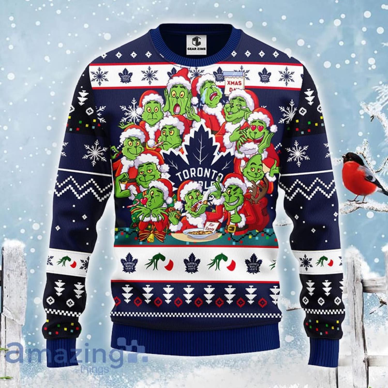 Christmas Gift NHL Toronto Maple Leafs Cute 12 Grinch Face Xmas Day Ugly Christmas Sweater image Christmas Gift NHL Toronto Maple Leafs Cute 12 Grinch Face Xmas Day Ugly Christmas Sweater Product Photo 2