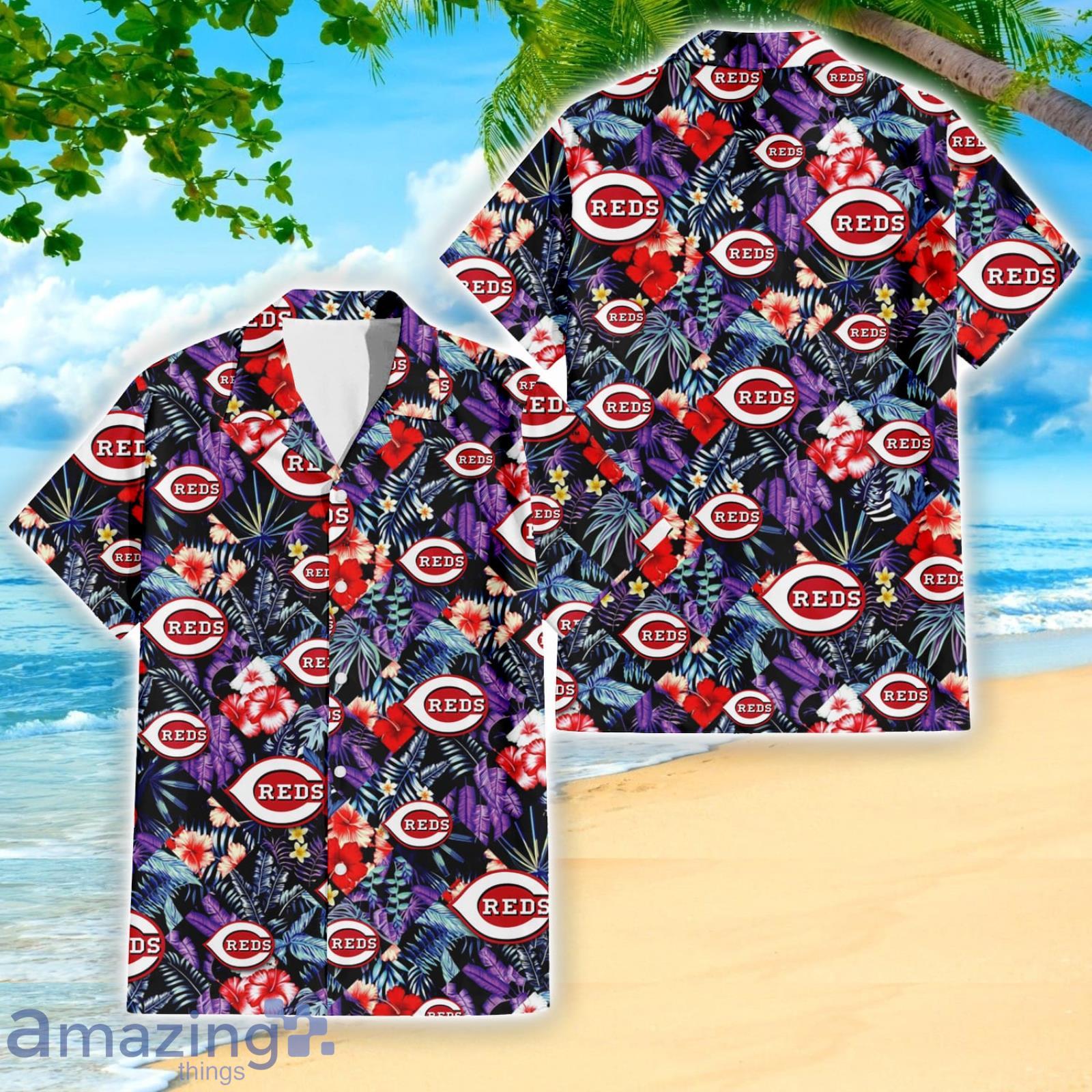 Cincinnati Reds Red Hibiscus Purple Leaf Pattern Summer Gift Hawaiian Shirt For Fans Product Photo 1