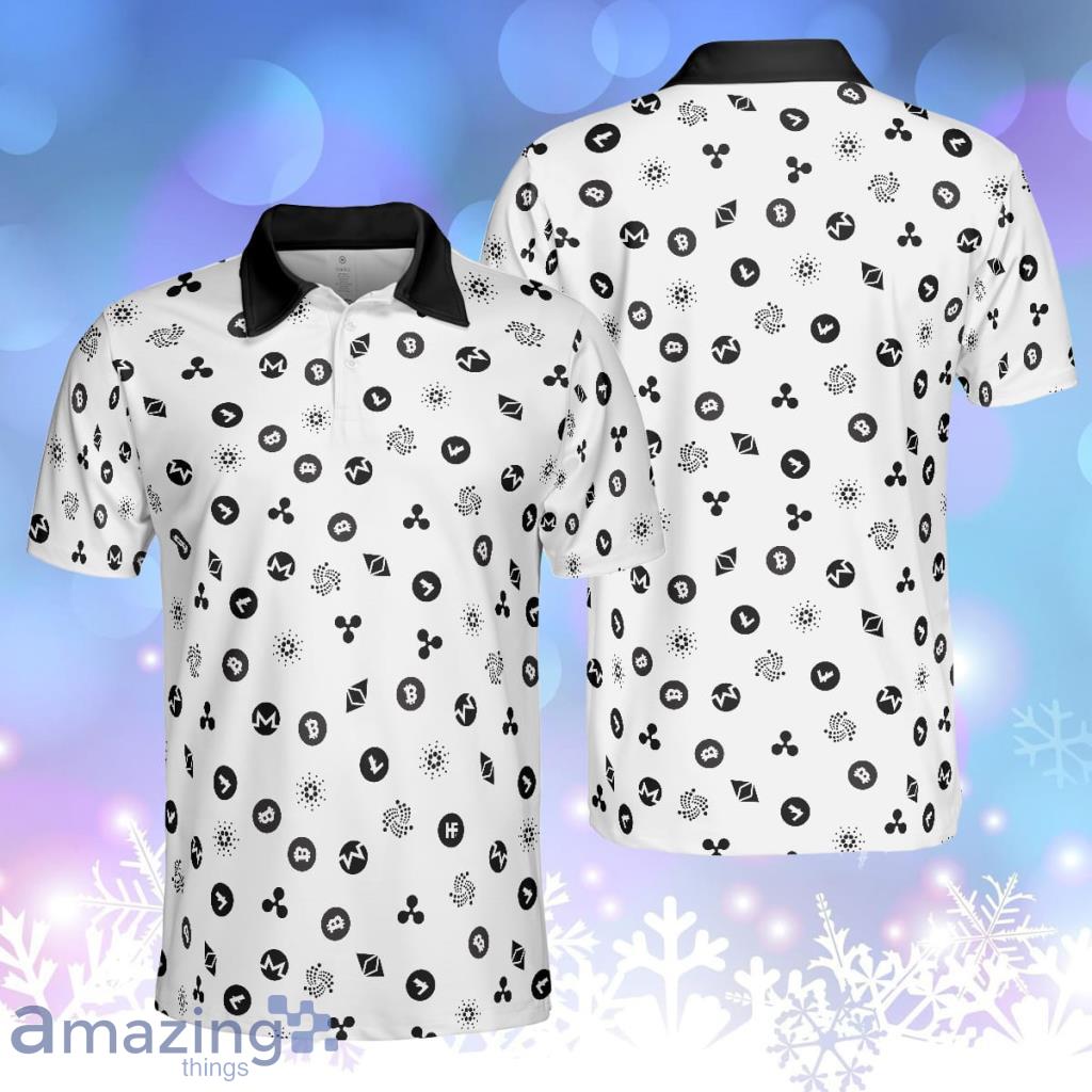 Cryptocurrency Pattern Polo Shirt, Black And White Bitcoin Polo Shirt Product Photo 1 Cryptocurrency Pattern Polo Shirt, Black And White Bitcoin Polo Shirt Product Photo 1
