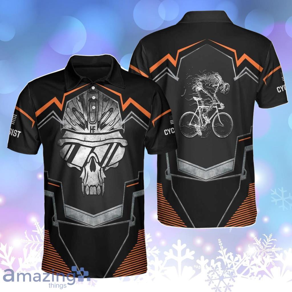 Cycling Skeleton Polo Shirt, Black Skull Cyclist Shirt For Men Product Photo 1