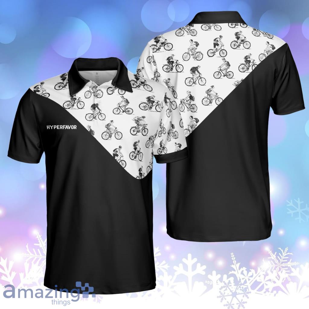 Cyclists Sketch Pattern Polo Shirt, Black And White Cycling Pattern Polo Shirt Product Photo 1