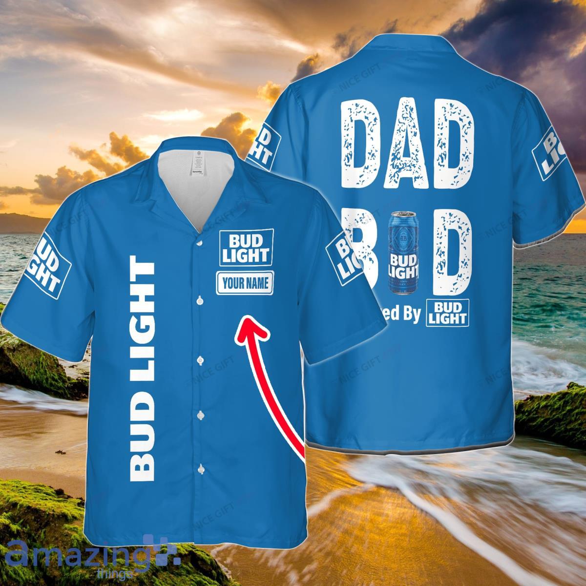 Dad Bod Powered By Bud Light Custom Name Hawaiian Shirt Summer Gift Beach Shirt Product Photo 1
