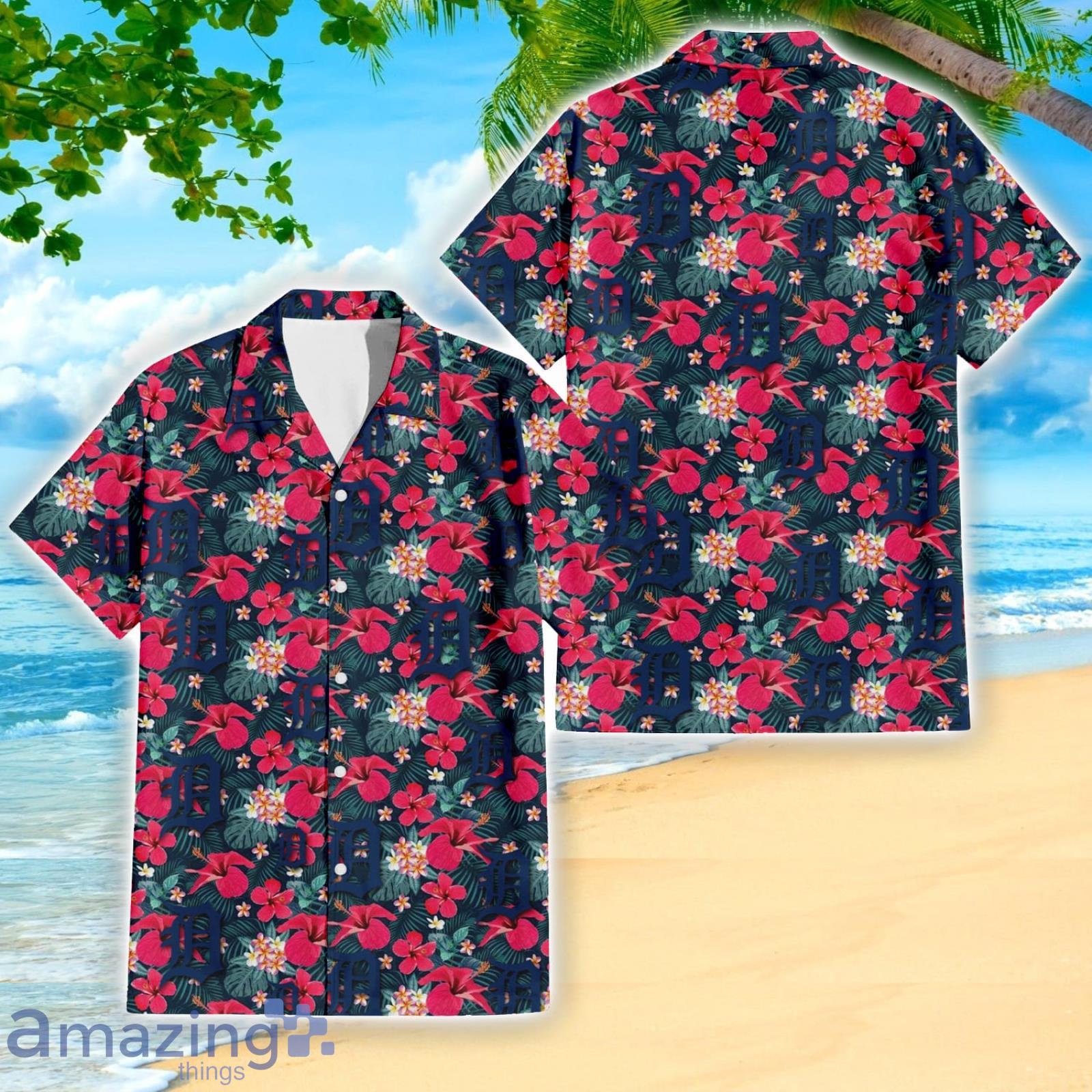 Detroit Tigers Red Hibiscus Green Leaf Tropical Hawaiian Shirt For