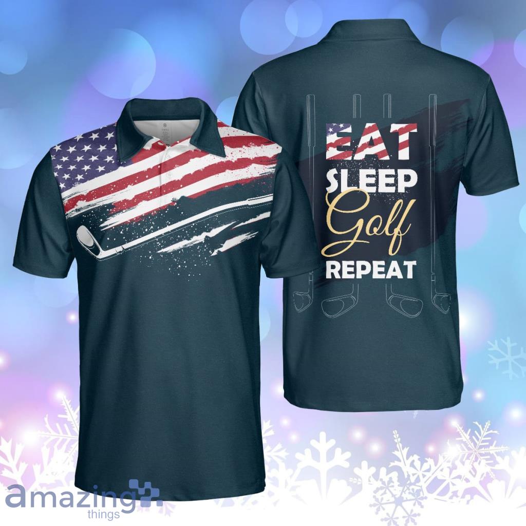 Eat Sleep Golf Repeat American Flag Polo Shirt, Dark Navy For Men Product Photo 1 Eat Sleep Golf Repeat American Flag Polo Shirt, Dark Navy For Men Product Photo 1