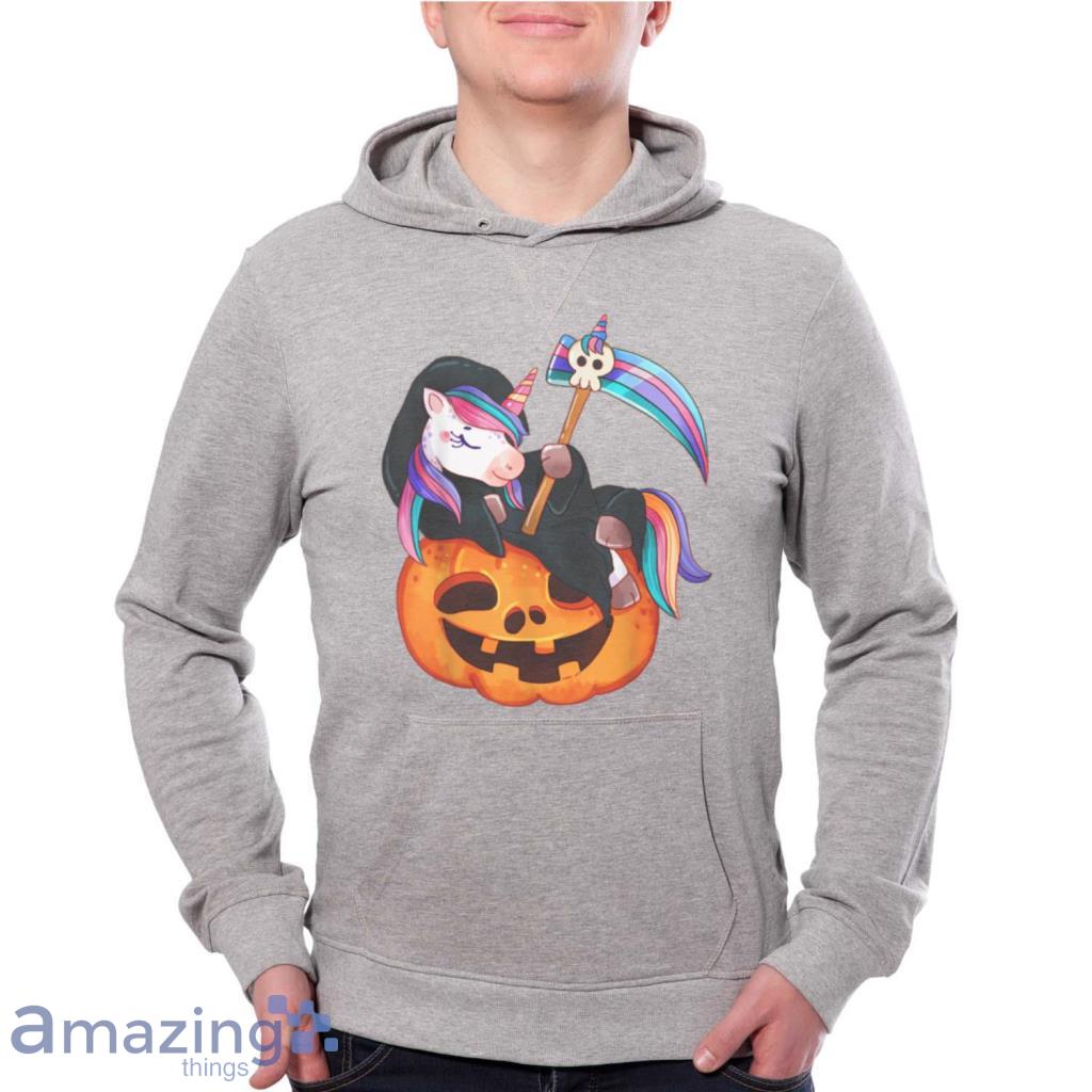 Funny-Happy-Halloween-Cartoon-Unicorn-Pumpkin-Graphic-Tee-T-Shirt Product Photo 1