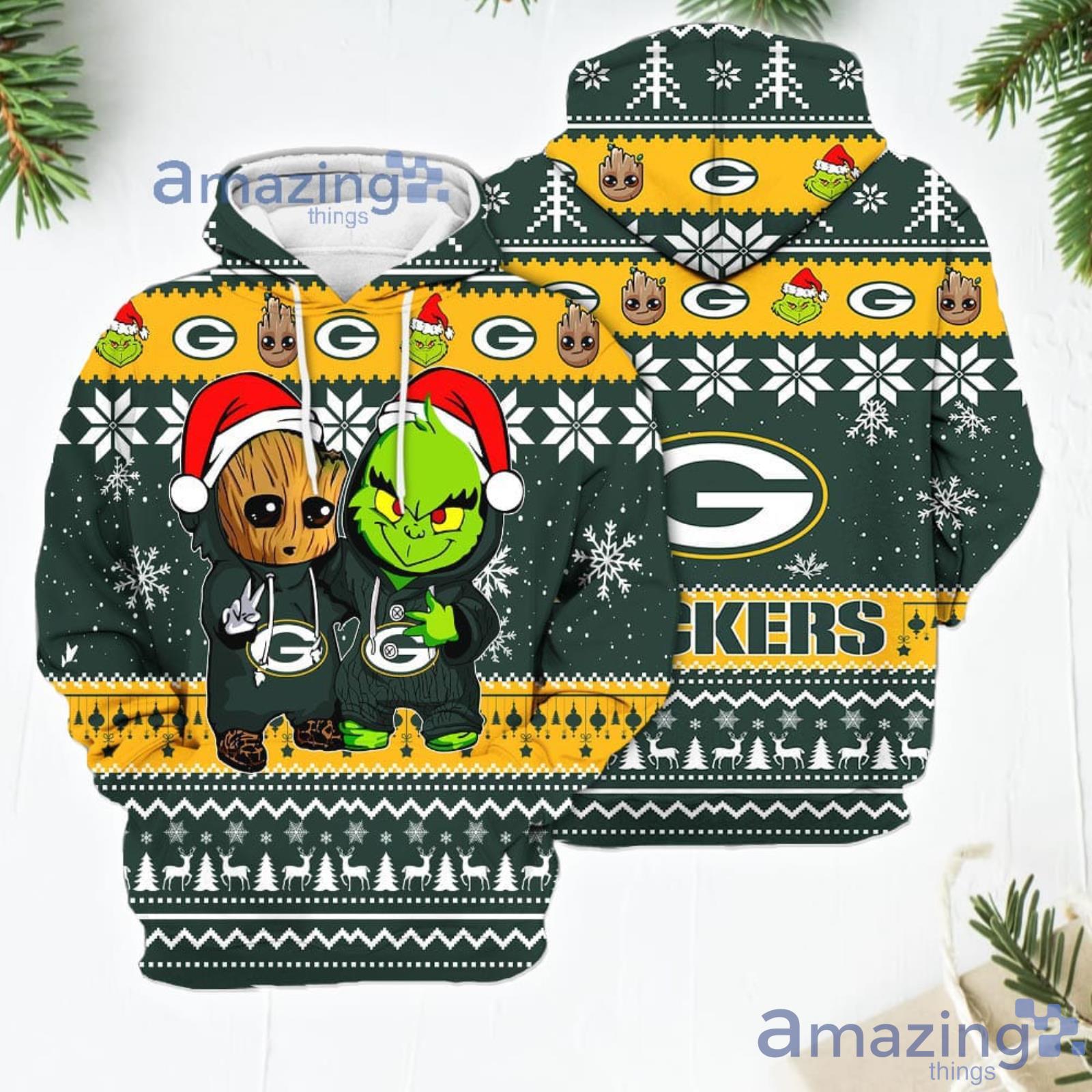 Green Bay Packers Baby Groot And Grinch Best Friends New Trends Christmas Gift 3D Hoodie For Men And Women Product Photo 1