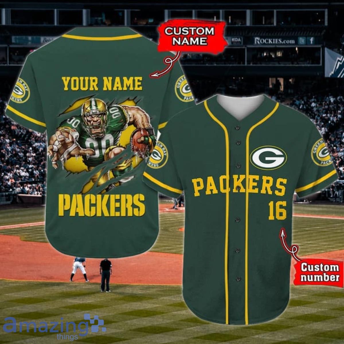 Green Bay Packers Custom Name And Number Baseball Jersey NFL Shirt Fan Gifts