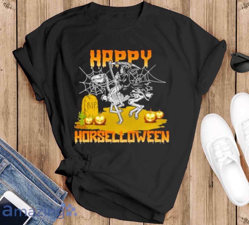 Grim Reaper Riding Dinosaur Skeleton Happy Horselloween Halloween Shirt Product Photo 1