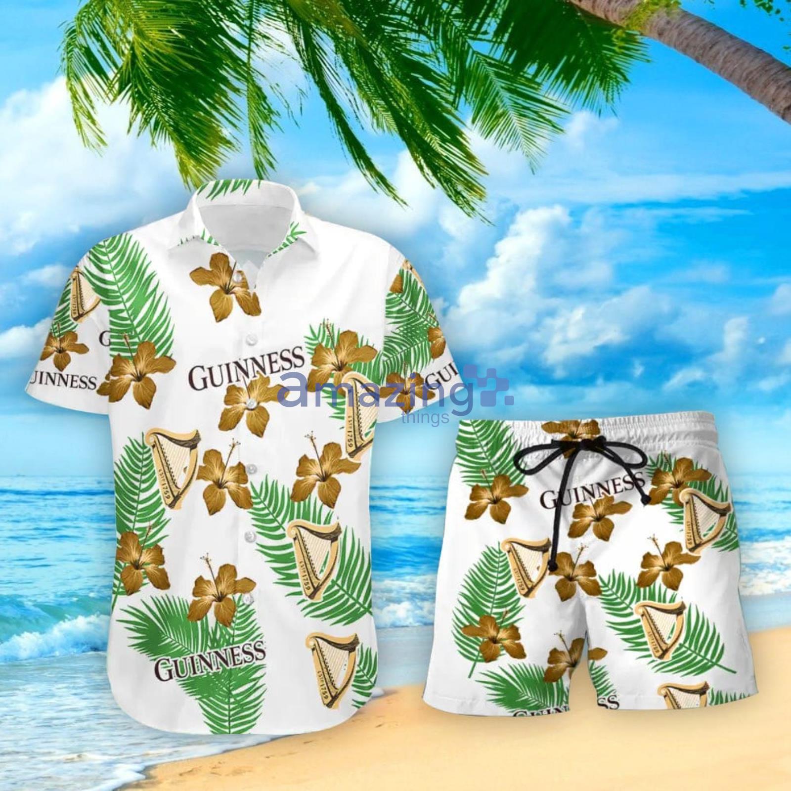 Guinness Hibiscus Flower Pattern Hawaiian Shirt And Short For Men And Women Product Photo 1