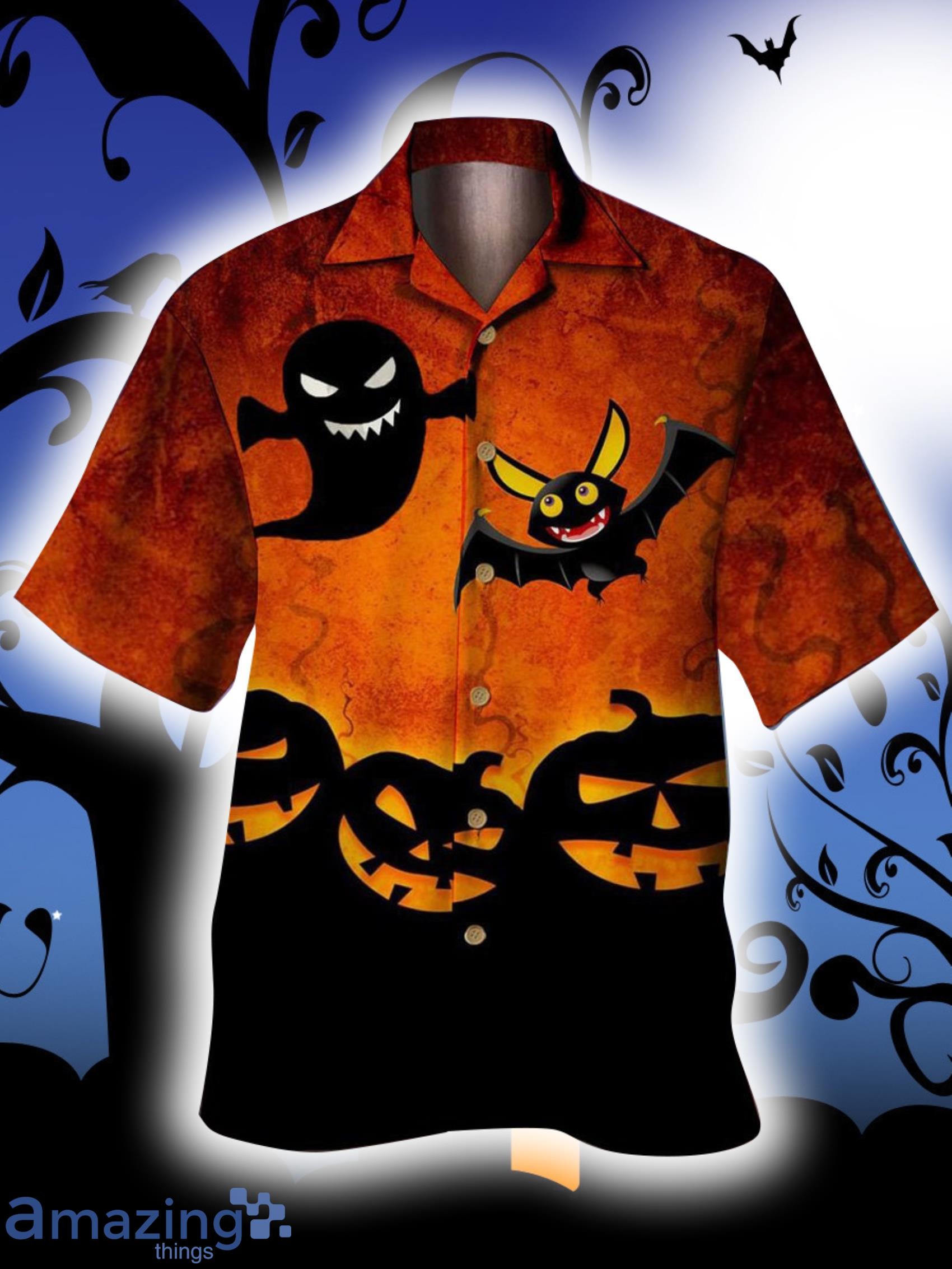 Halloween Dark Party Boo And Bats Pumpkin Short Sleeve Hawaiian Shirt Product Photo 1
