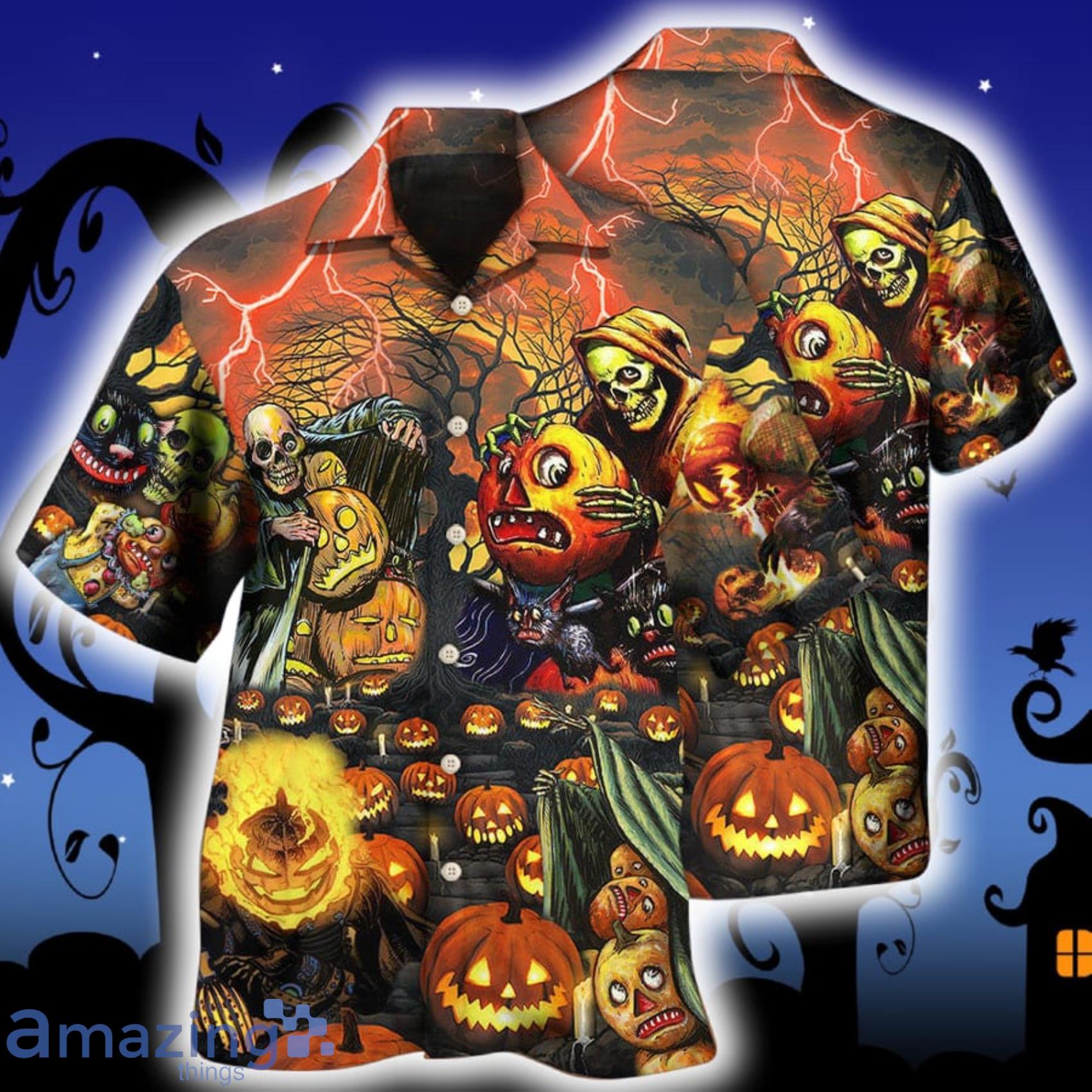 Halloween Skull Dark Pumpkin Scary Gift For Halloween Short Sleeve Hawaiian Shirt Product Photo 1