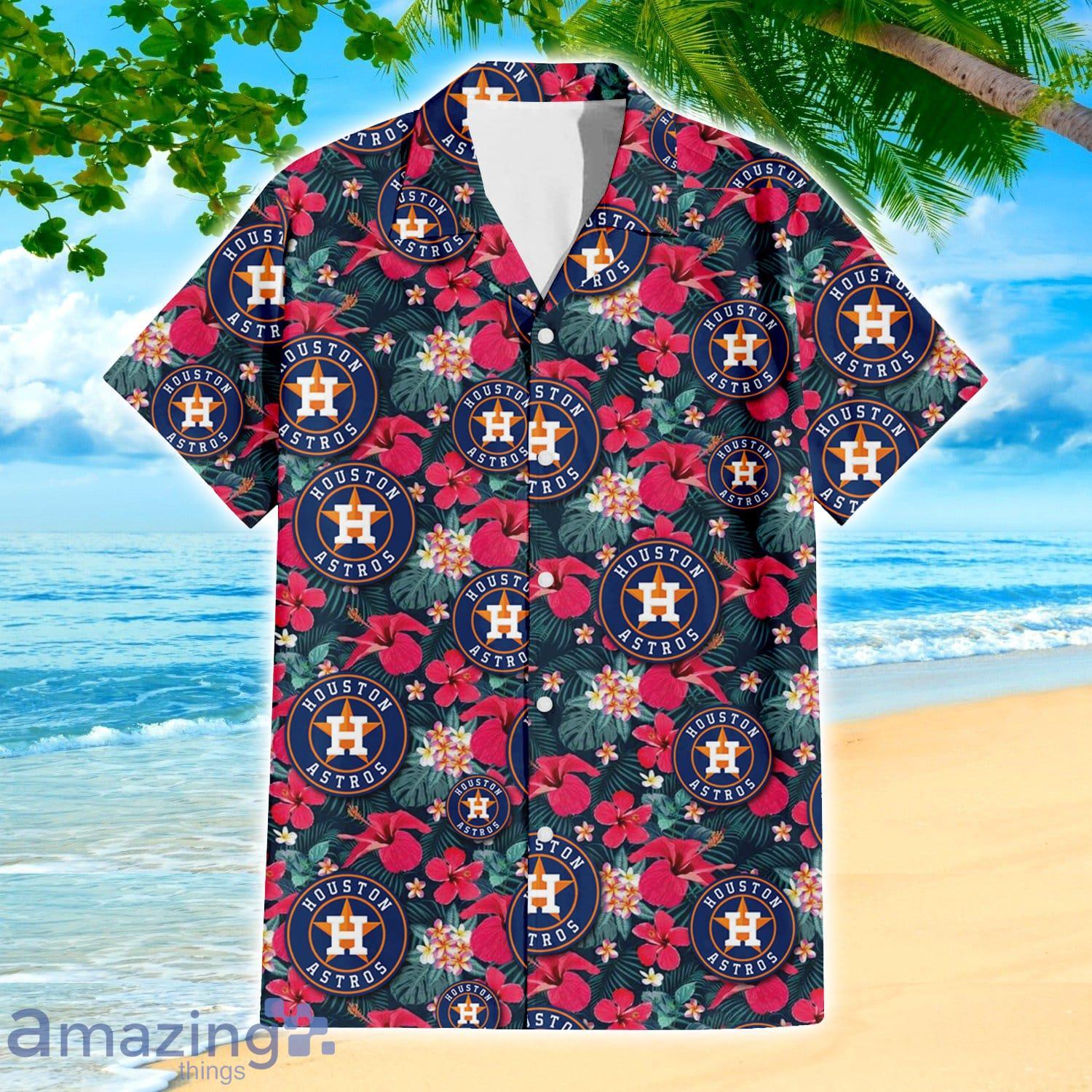 Houston Astros Logo And Red Pink White Hibiscus 3D Hawaiian Shirt For Fans