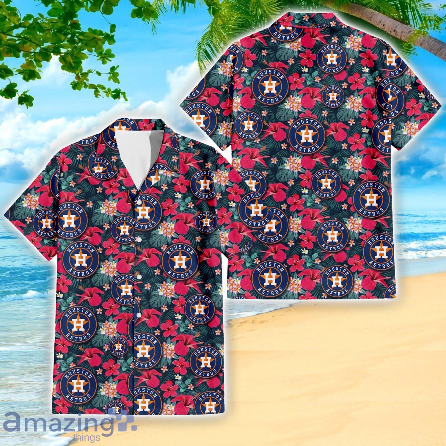 Houston Astros Logo And Red Pink White Hibiscus 3D Hawaiian Shirt For Fans