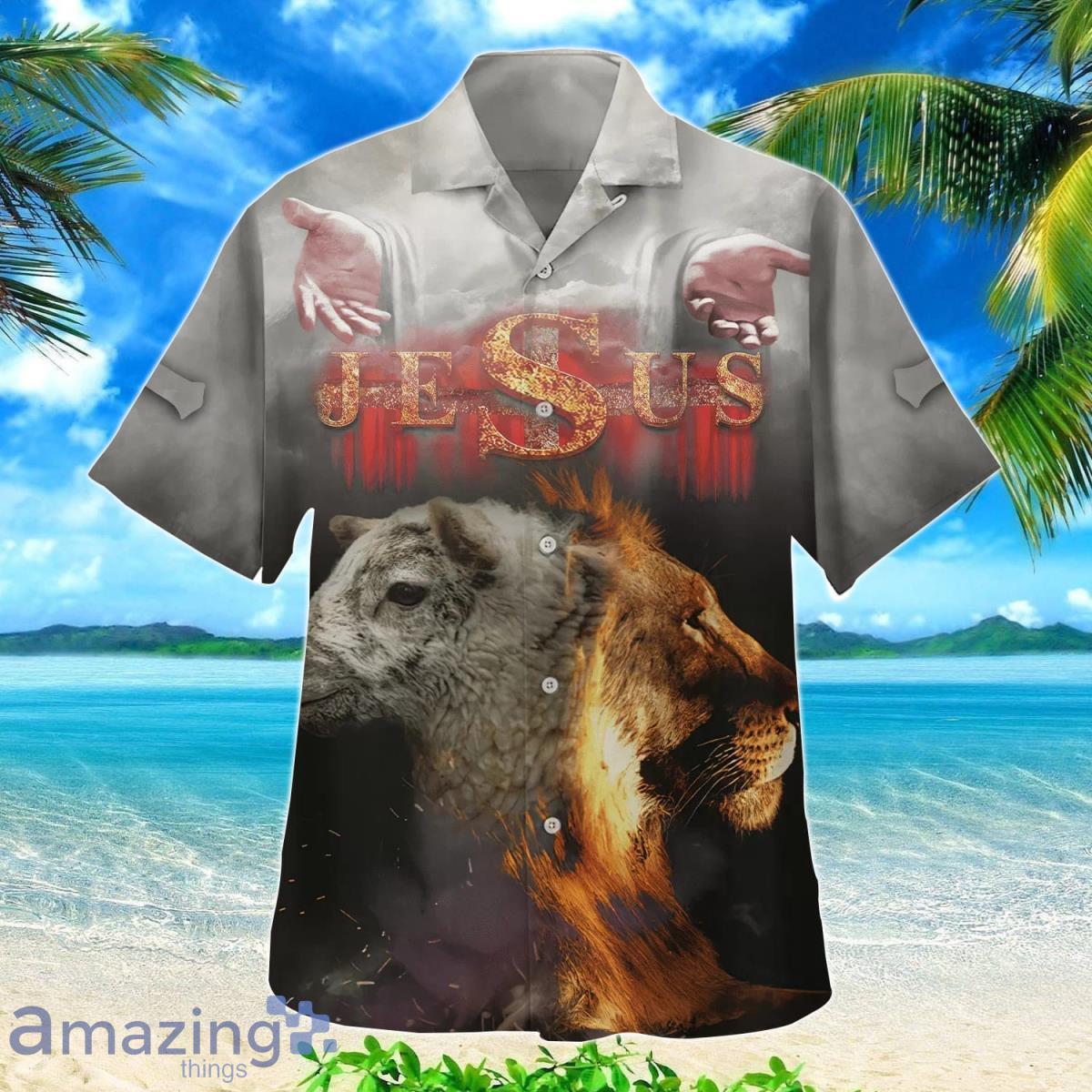 Jesus Lion And The Sheep Christian Hawaiian Shirts For Men Product Photo 1