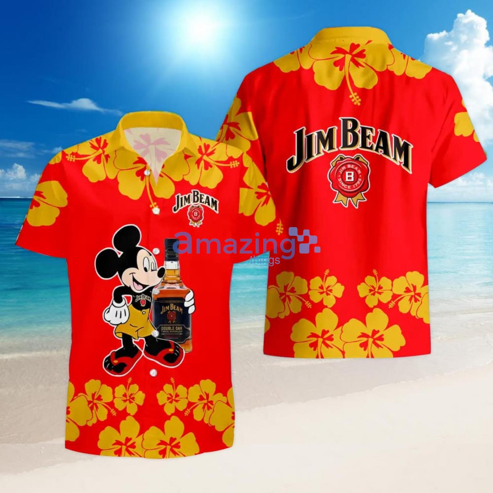 Jim Beam Funny Mickey Mouse Hibicus Flower Hawaiian Shirt And Shorts Product Photo 1